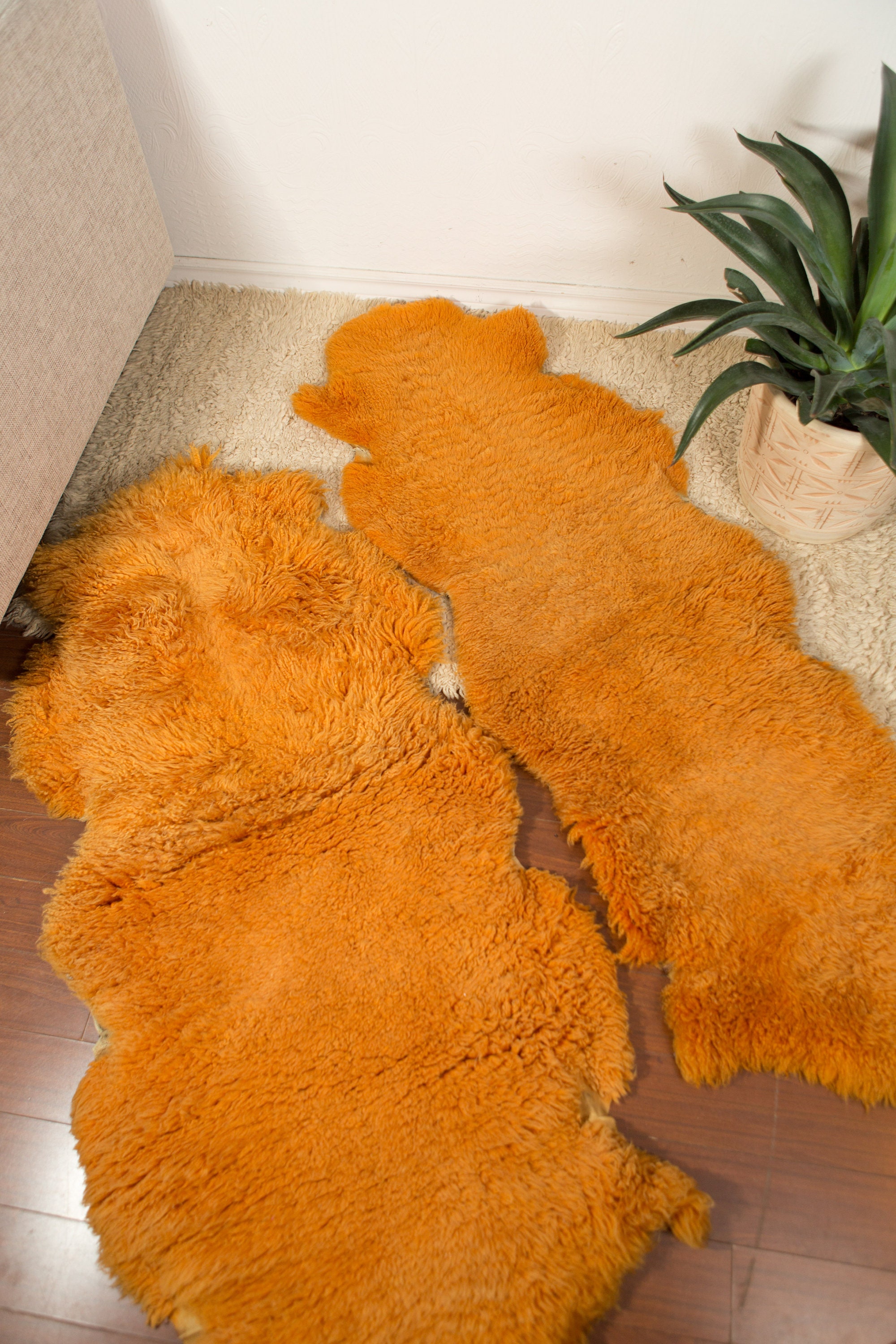 Burnt orange Vintage Shag Rugs Pair of Natural Dyed Genuine Sheepskin