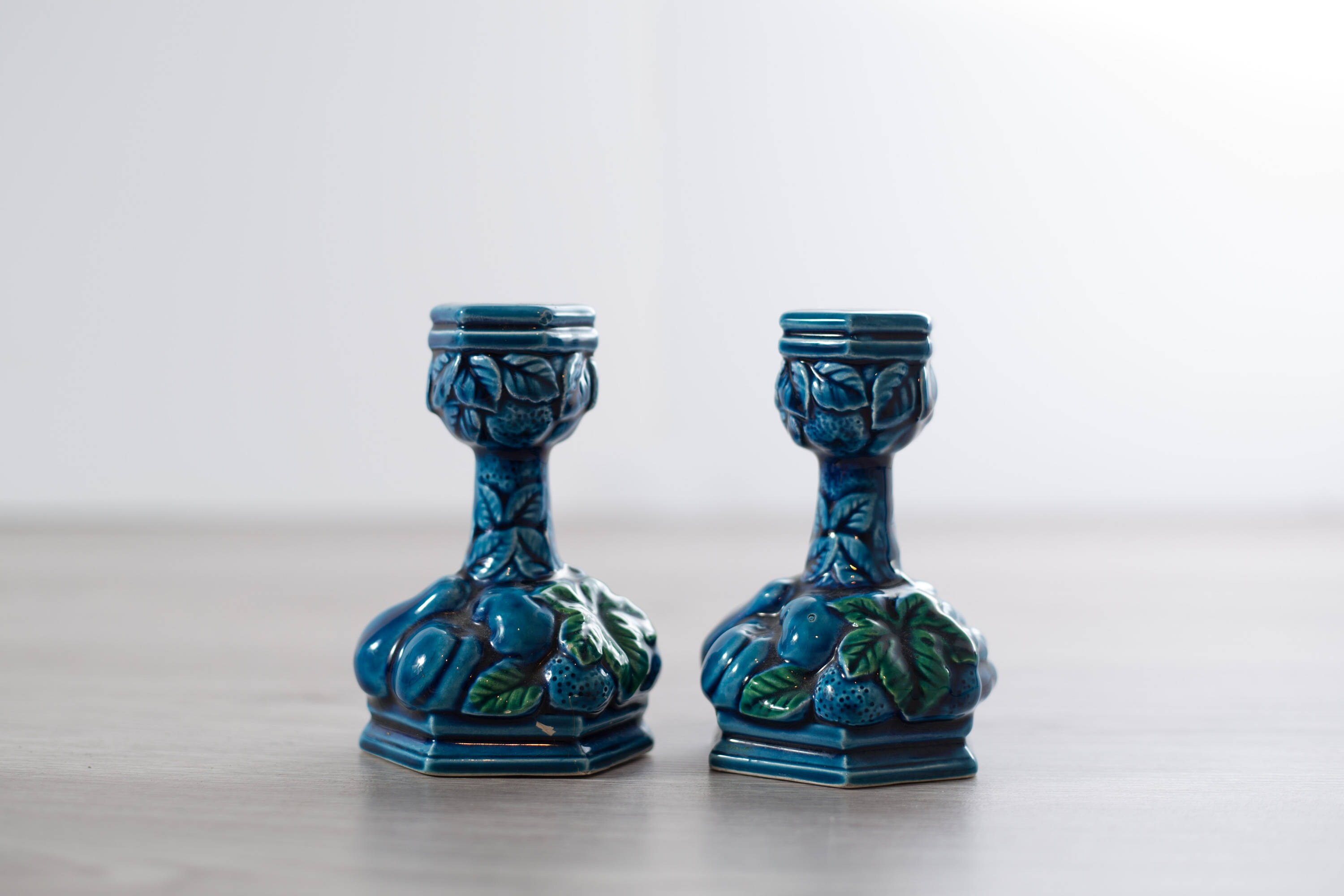 Vintage Inarco Mood Indigo Blue Ceramic Candlestick Holders / Retro