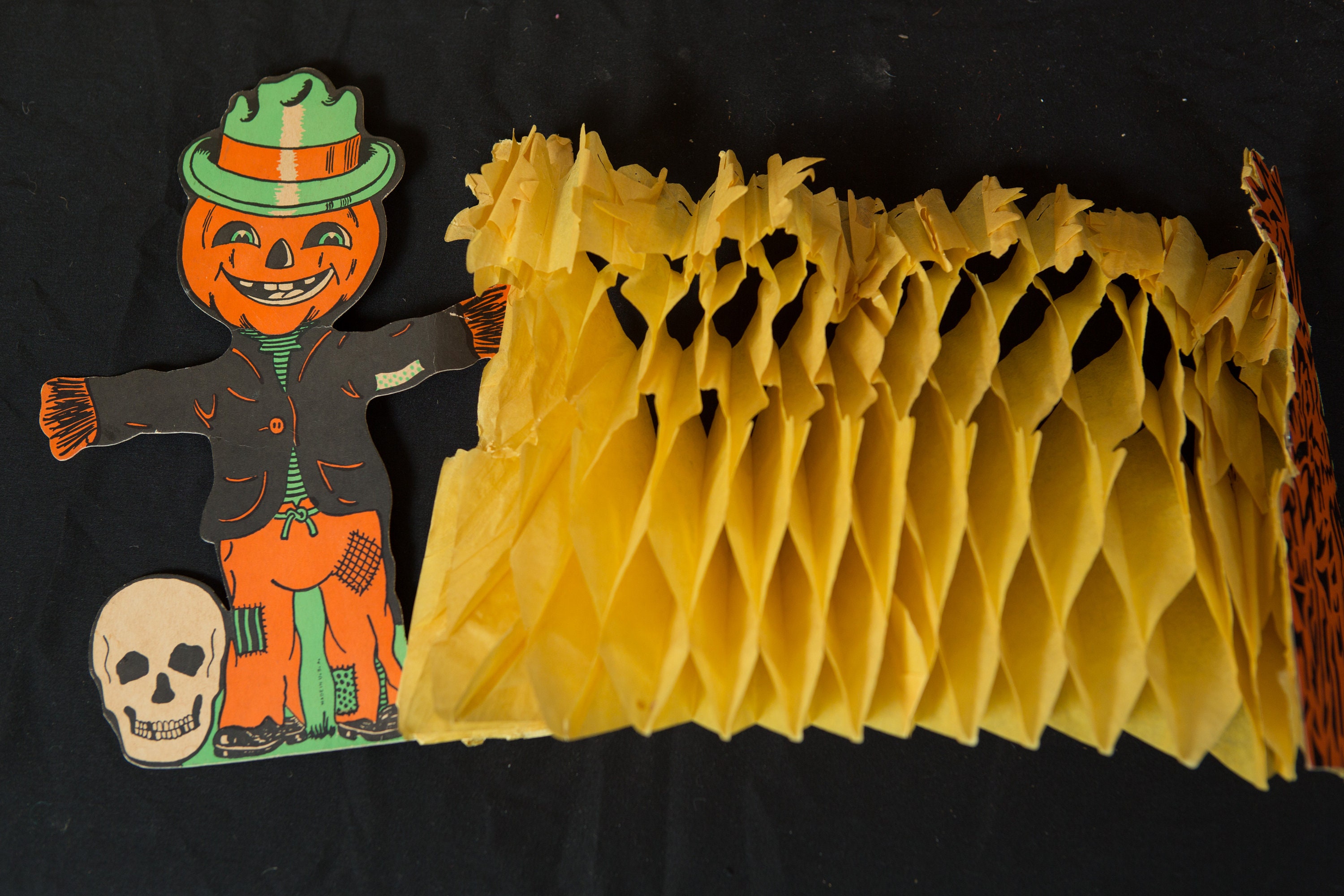 Vintage Halloween Fold Out Tissue Paper Pumpkin and Scarecrow