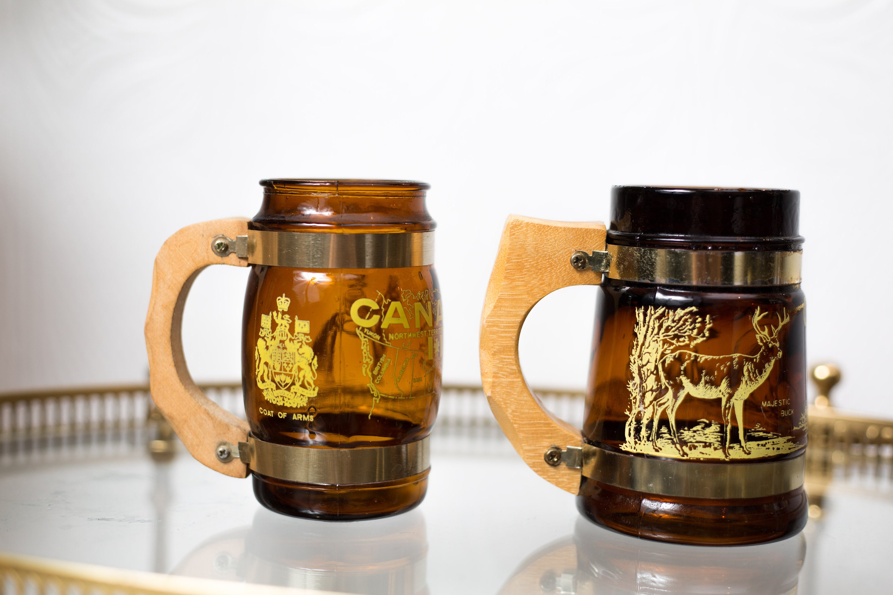 2 Vintage Beer Mugs Brown Glass Canadian Souvenir Mugs with Wood