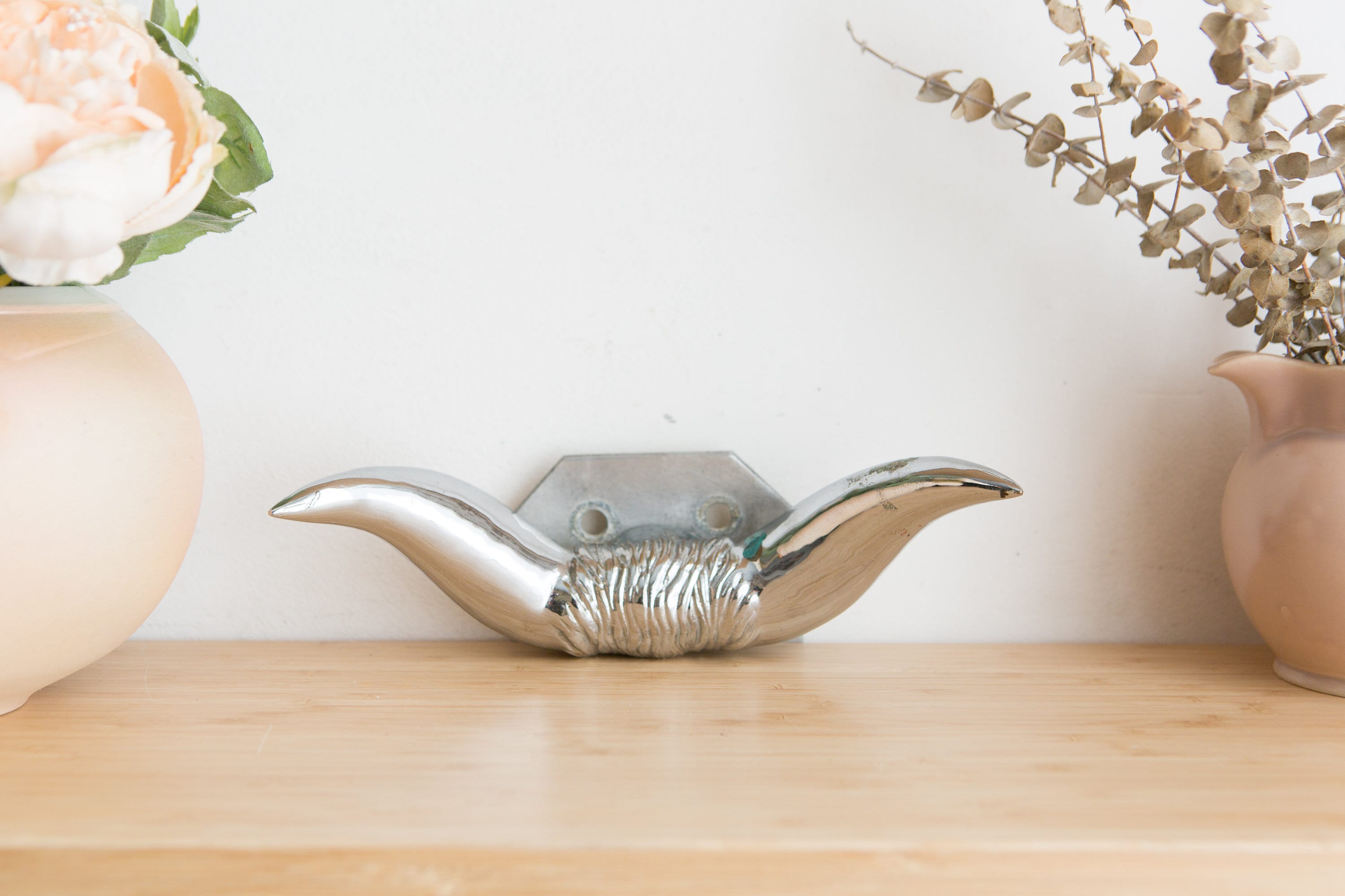 Vintage Bull Horn Hood Ornament Silver Chrome Stag Horn Car Parts