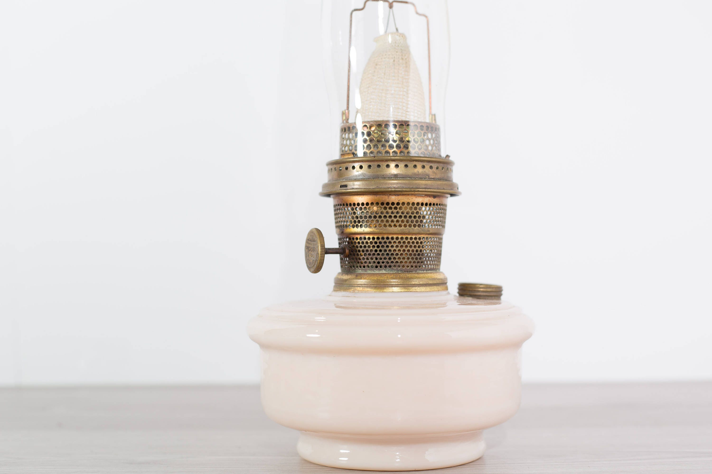 Chimney Oil Lamp / Vintage Glass Lantern / Aladdin Soft Pink Milk Glass with Pyrex Chimney