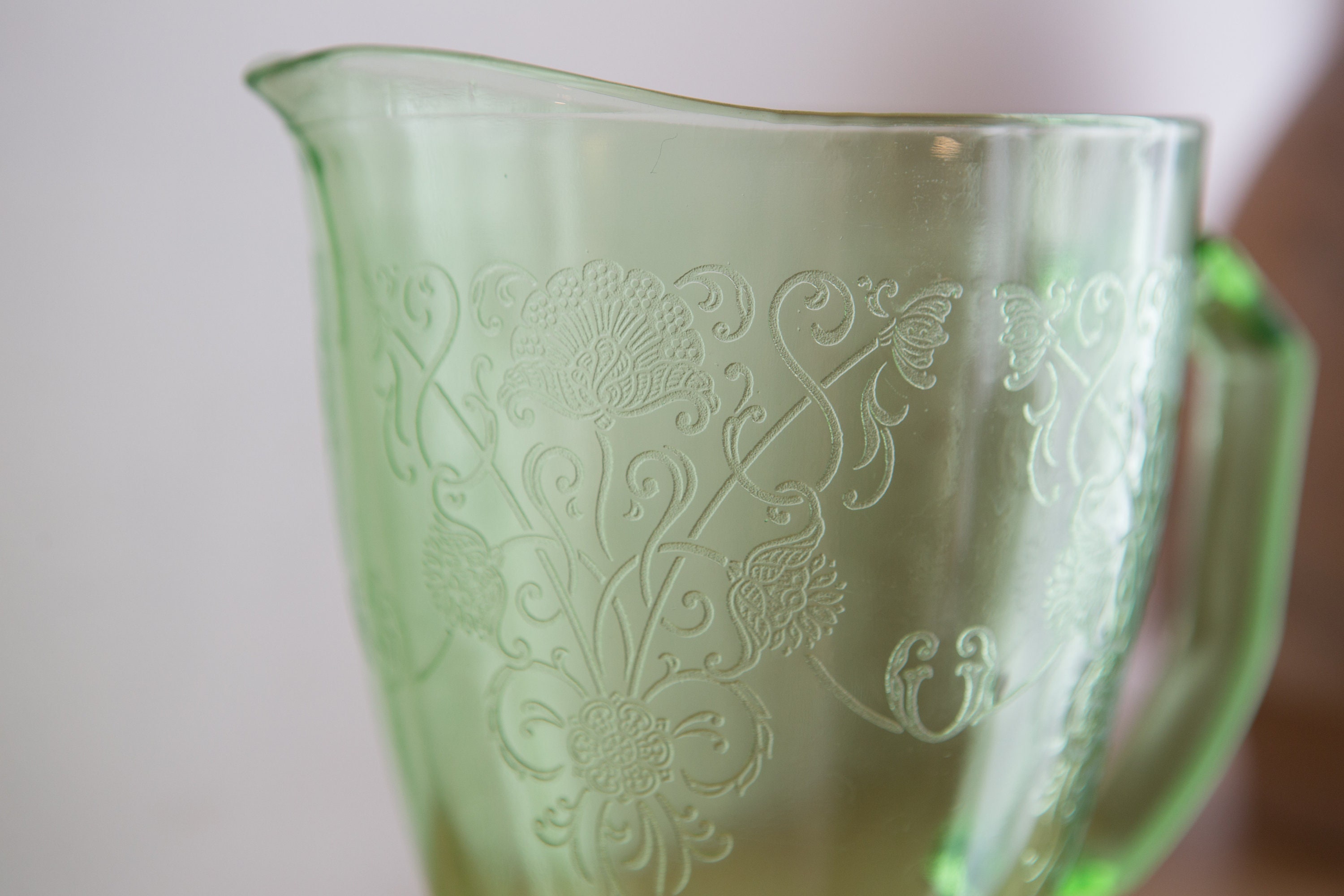 Vaseline Glass Pitcher Florentine or Poppy pattern by Hazel Atlas