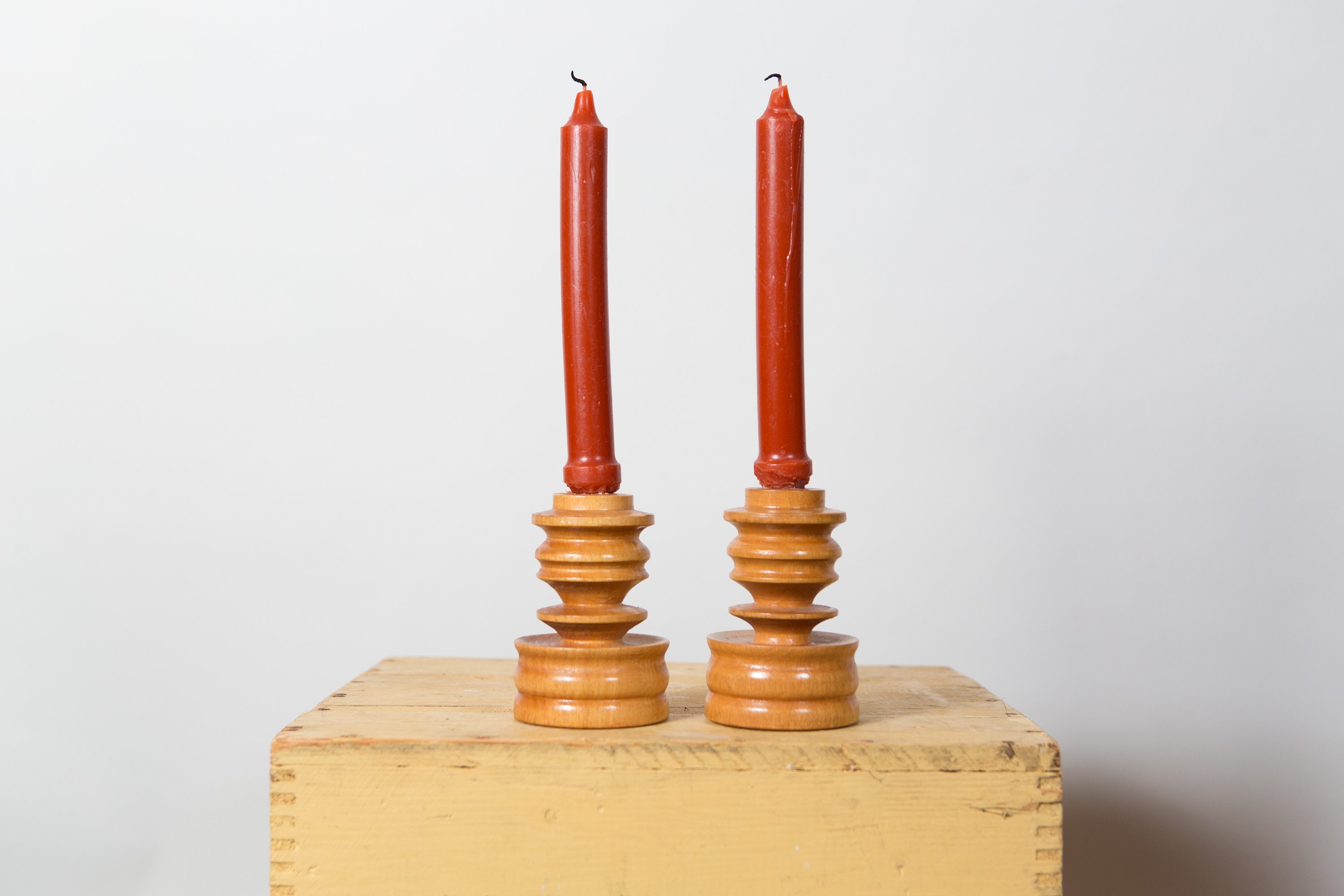 Vintage Wood Candlestick Holders Rustic Modern Maple Coloured