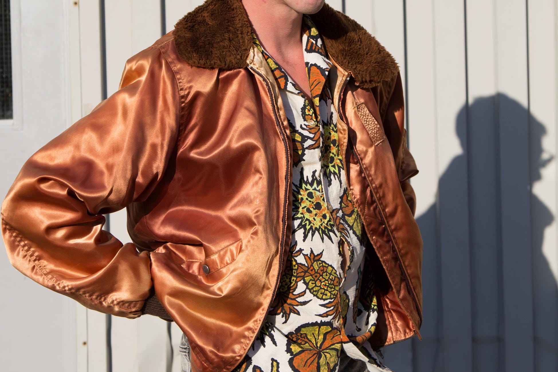 Vintage Copper Jacket / Spring/Fall Windbreaker with Fur Trim and Slip