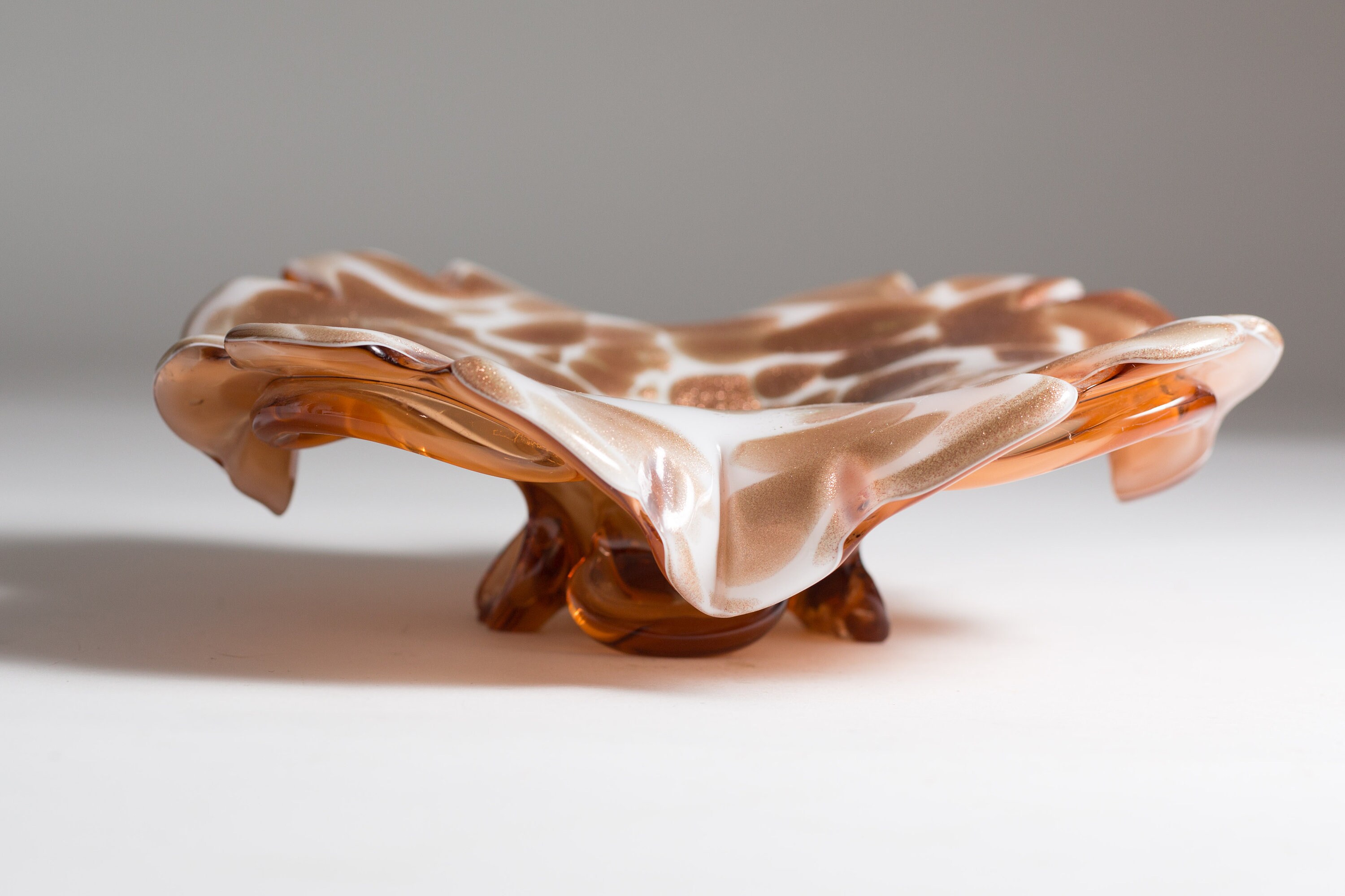 Copper Art Glass Dish Handblown Sparkly Copper and White Flower Style