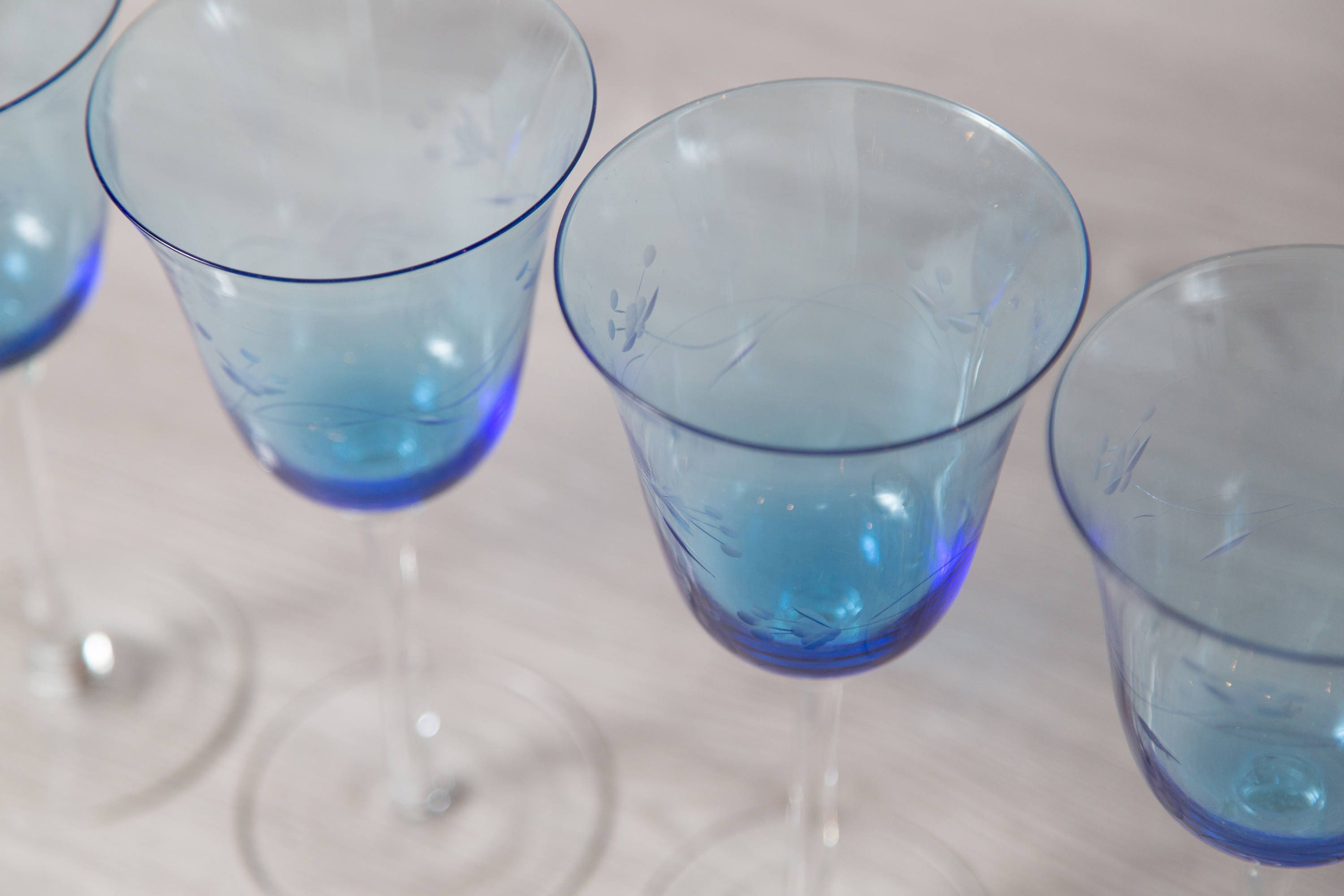 4 Blue Wine Glasses Large Vintage Floral Etched Stemware Barware