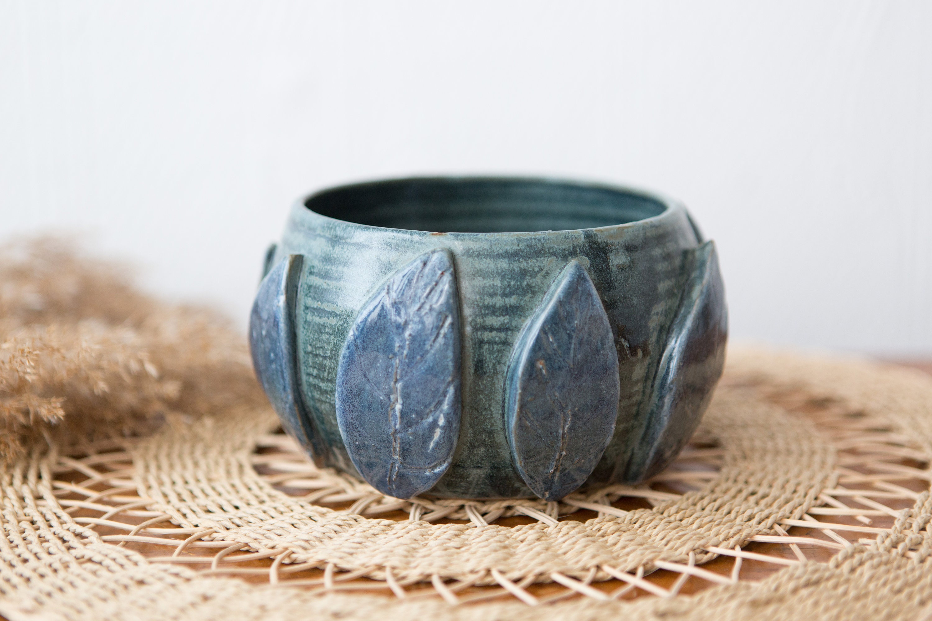 Ceramic Planter with Leaves Blue Coloured Round Studio Pottery Plant Pot Boho Modern