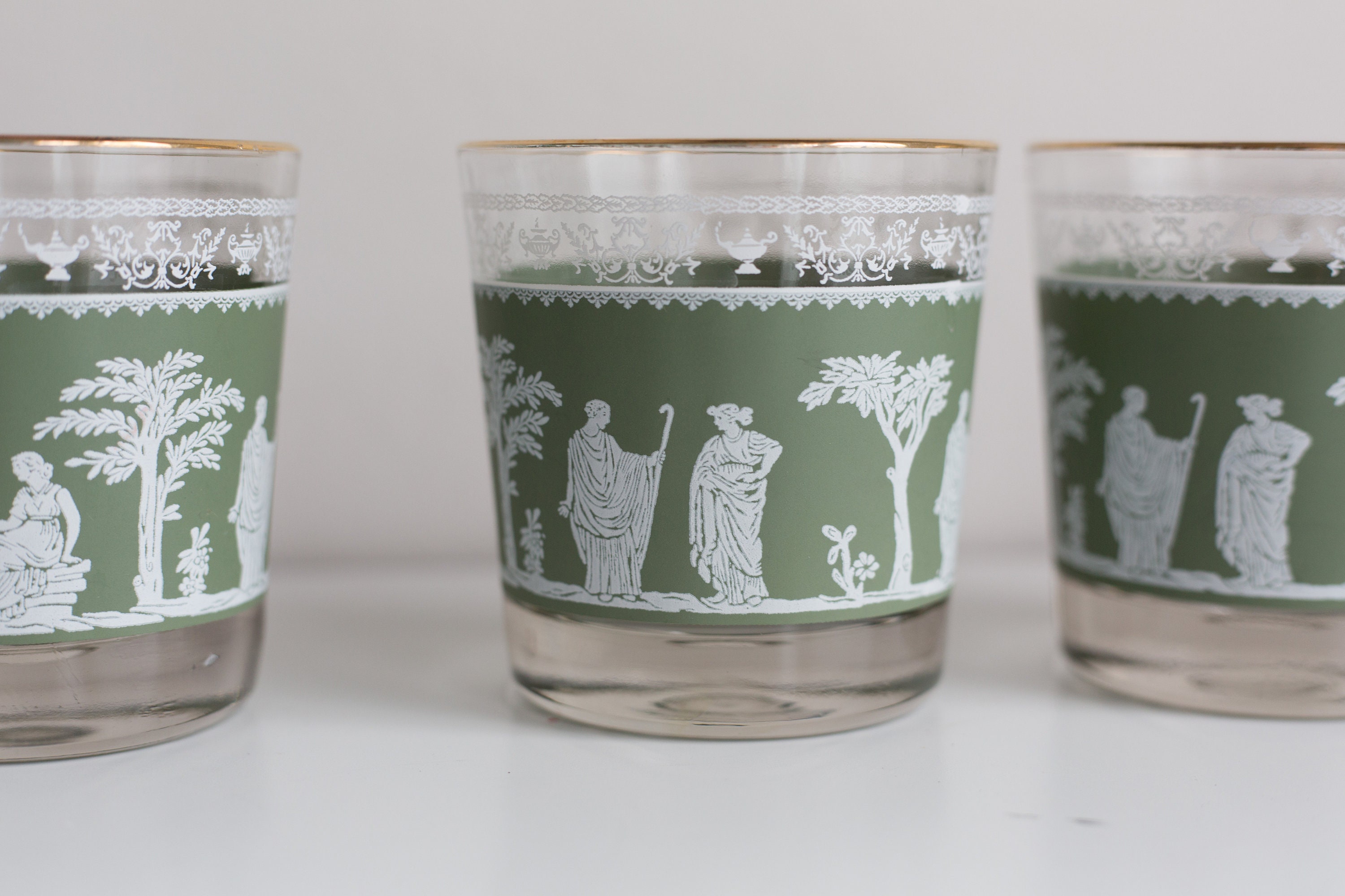 8 Cocktail Glasses Greek / Roman Style Vintage Gold Lip and Clear