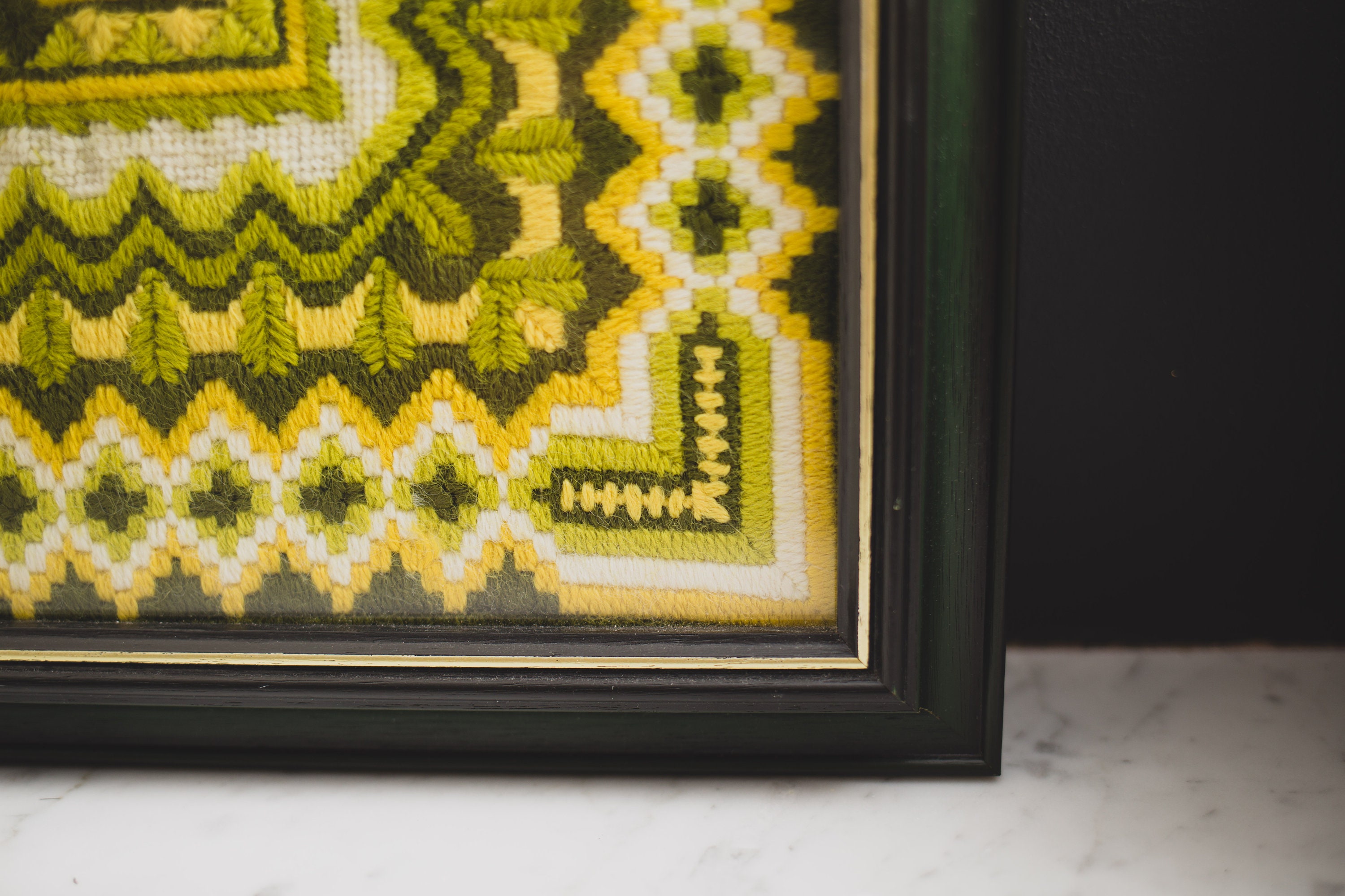 Vintage Needlepoint Artwork - Geometric Green and Yellow Wood Framed