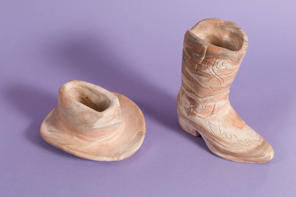 Boot and Hat Planters Vintage Soapstone Cowboy Western Boot Flower