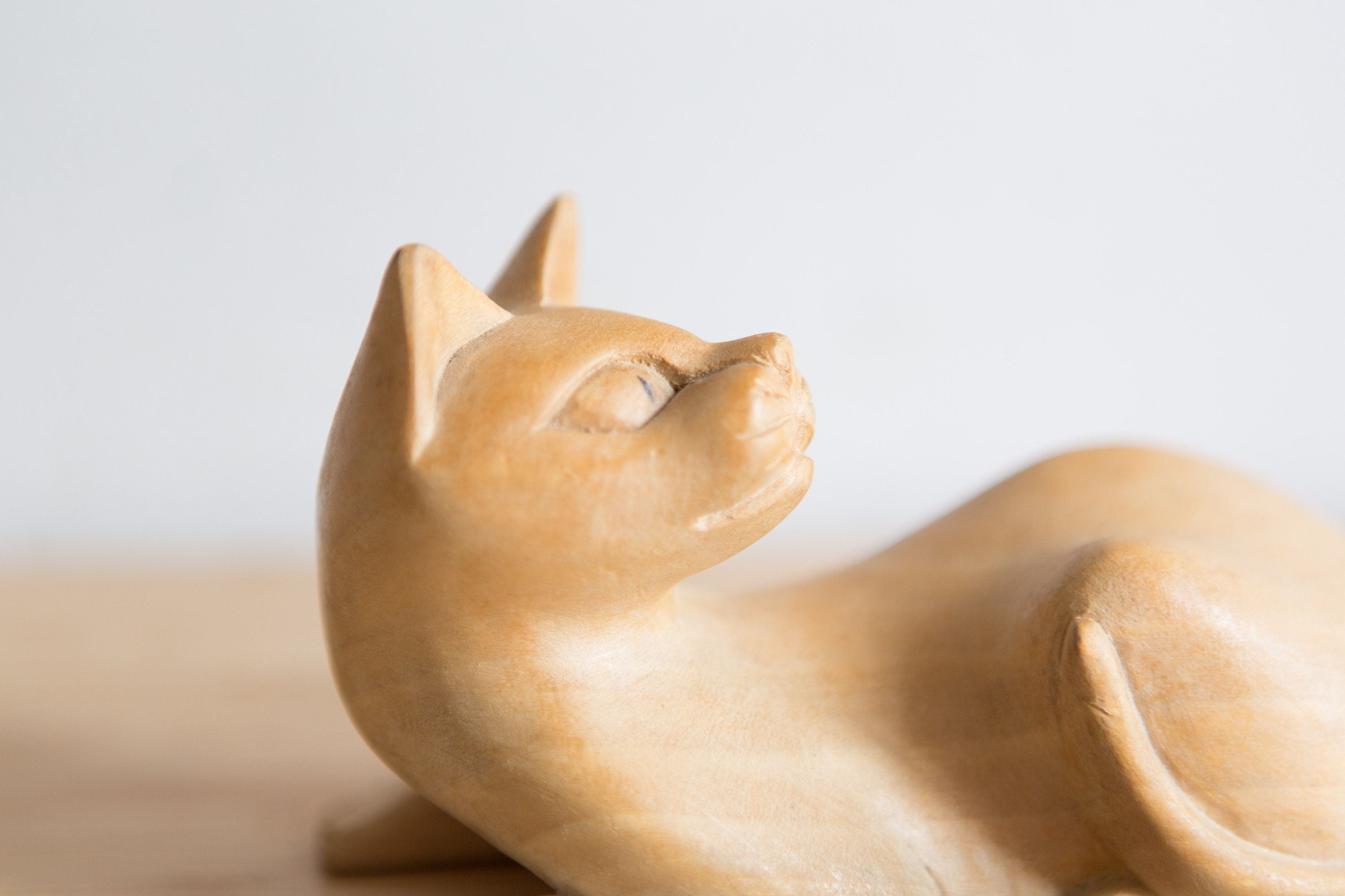 Vintage Wood Cats Handcarved Light Wood Boho Mid Century Modern