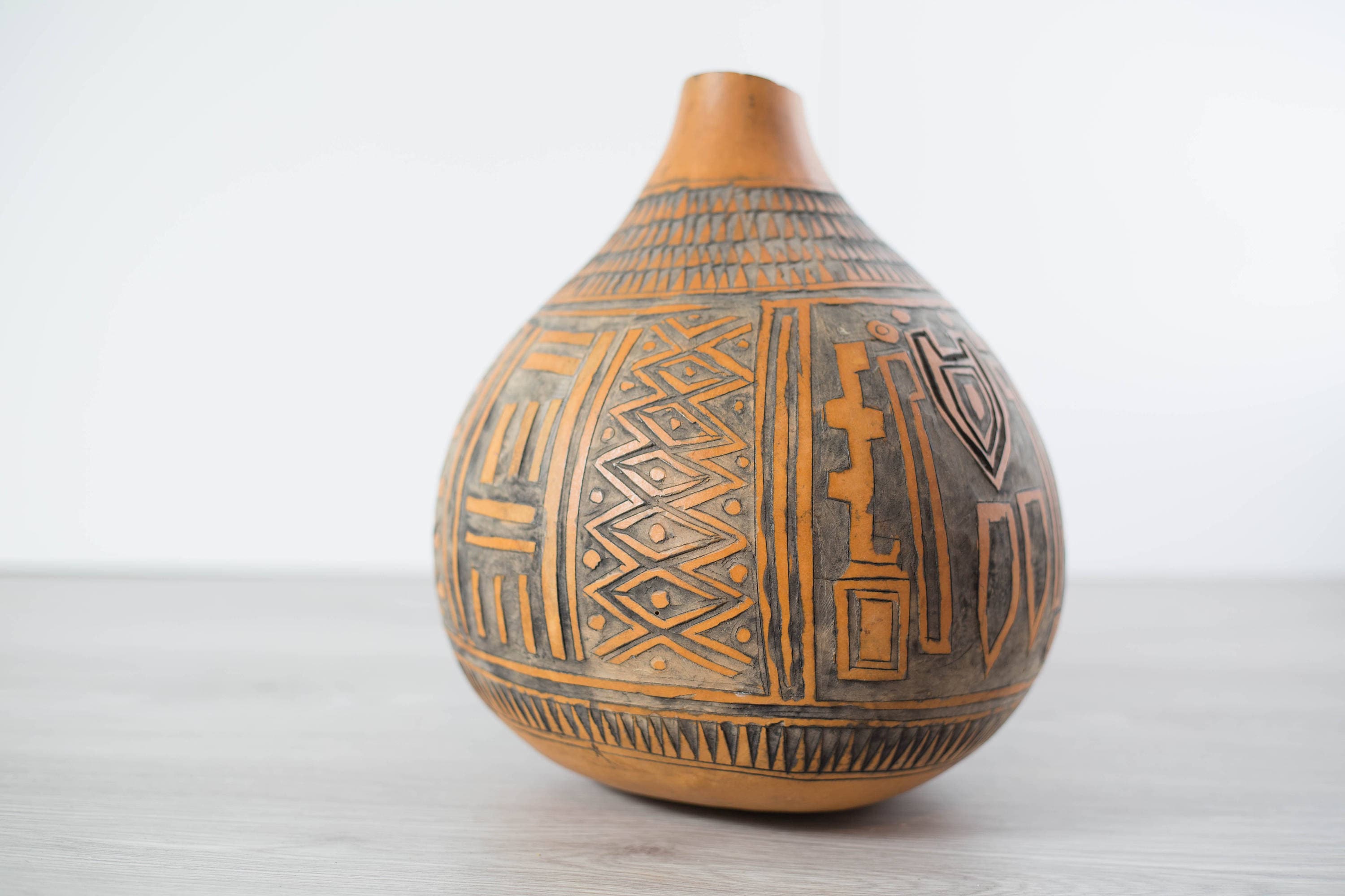 Africa Gourd Calabash Kenyan Carved Jug Vase / Vintage Orange and Brown