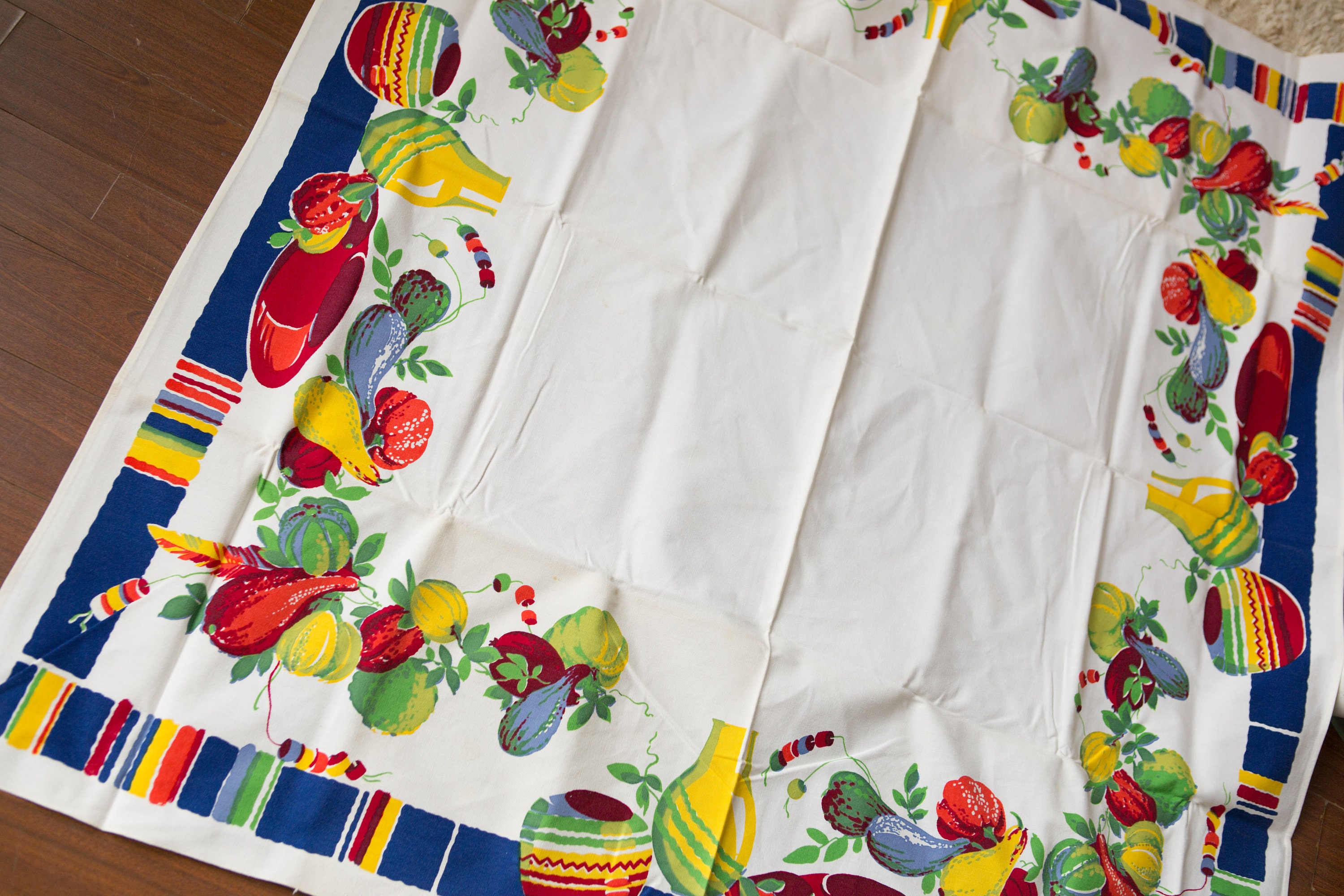 Vintage Vegetable Tablecloth White and Bright Mid Century Fruit Print