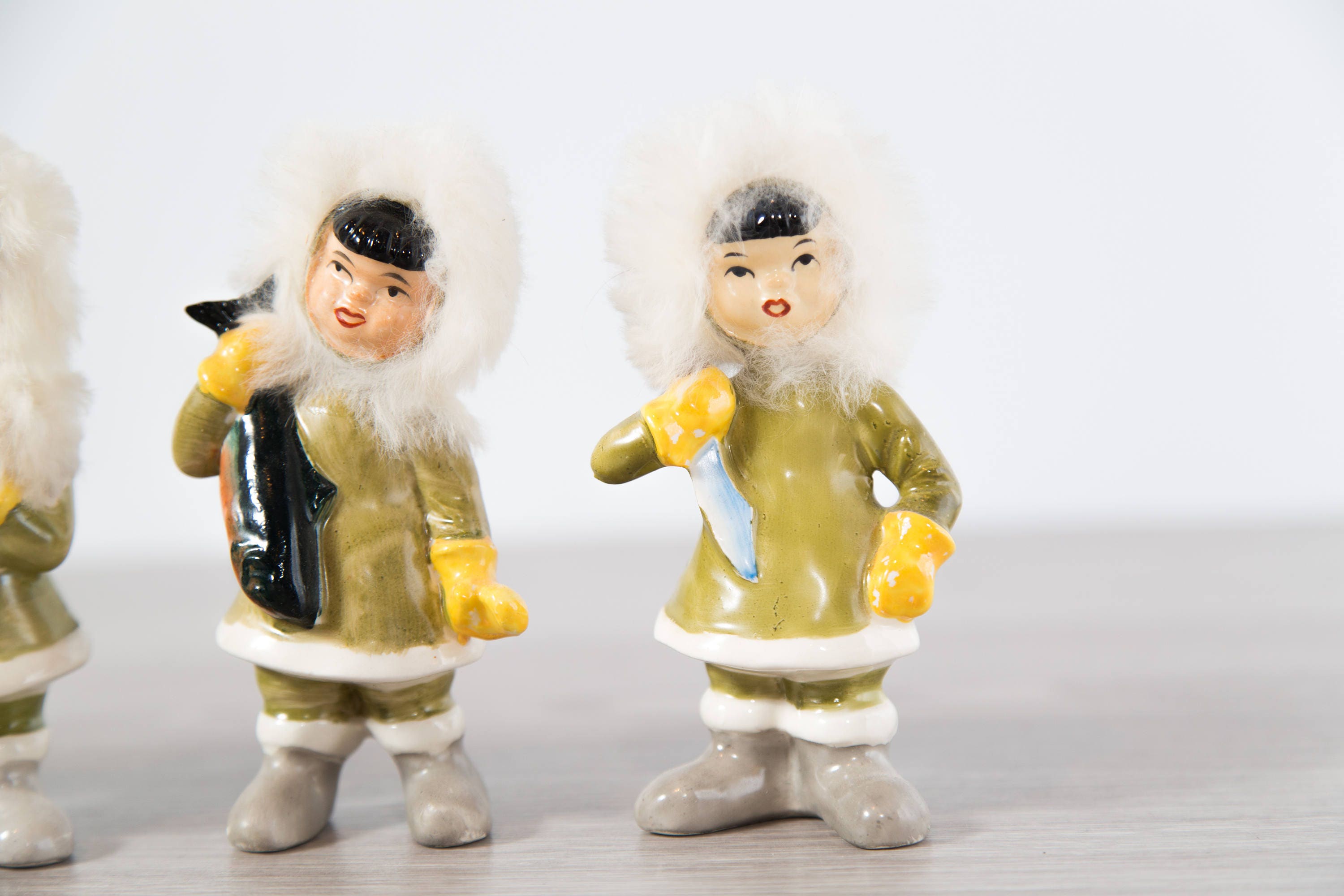 Vintage Inuit Dolls / Set of 6 Vintage Ceramic and Fur Novelty