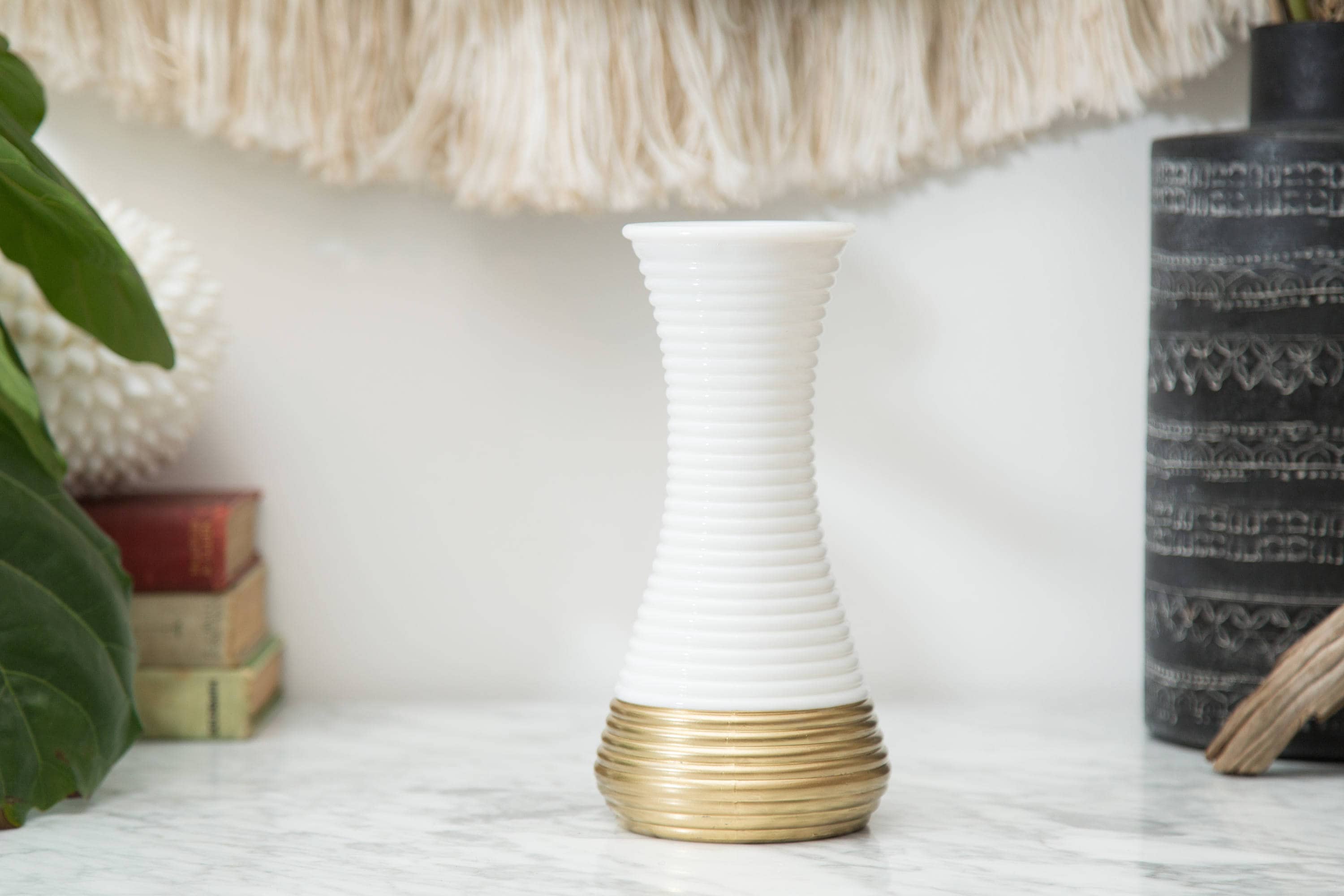 Gold Dipped Vintage Ribbed Milk Glass Vase Mid century White brass Colored flower vase