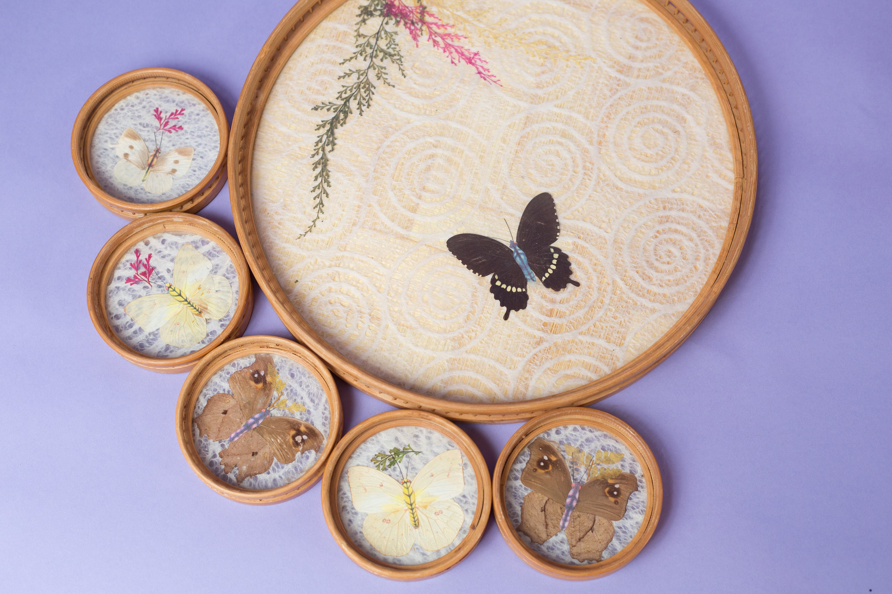 Vintage Butterfly Tray Wood and Glass Tea Serving Tray with Coasters