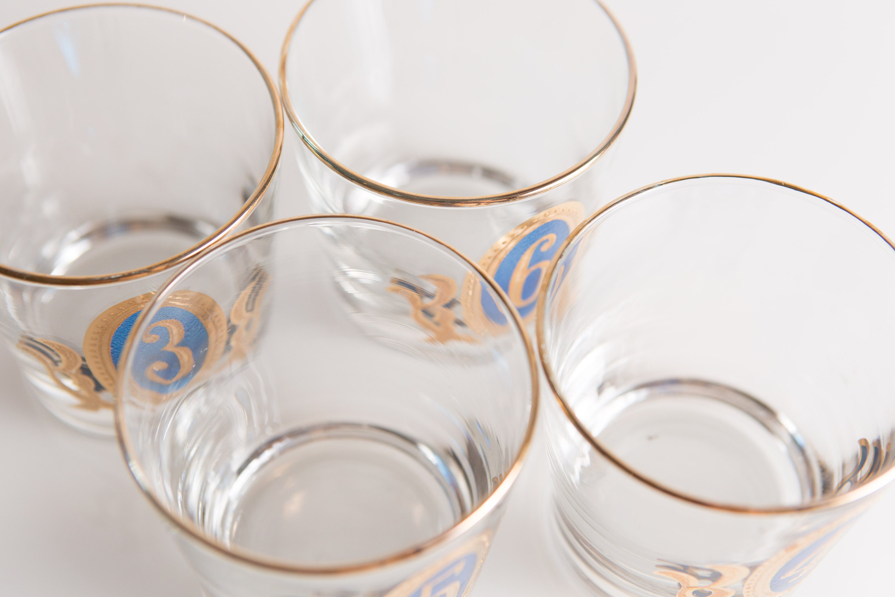 Gold Numbered Tumblers 8oz Vintage Lowball Drinking Glasses Retro