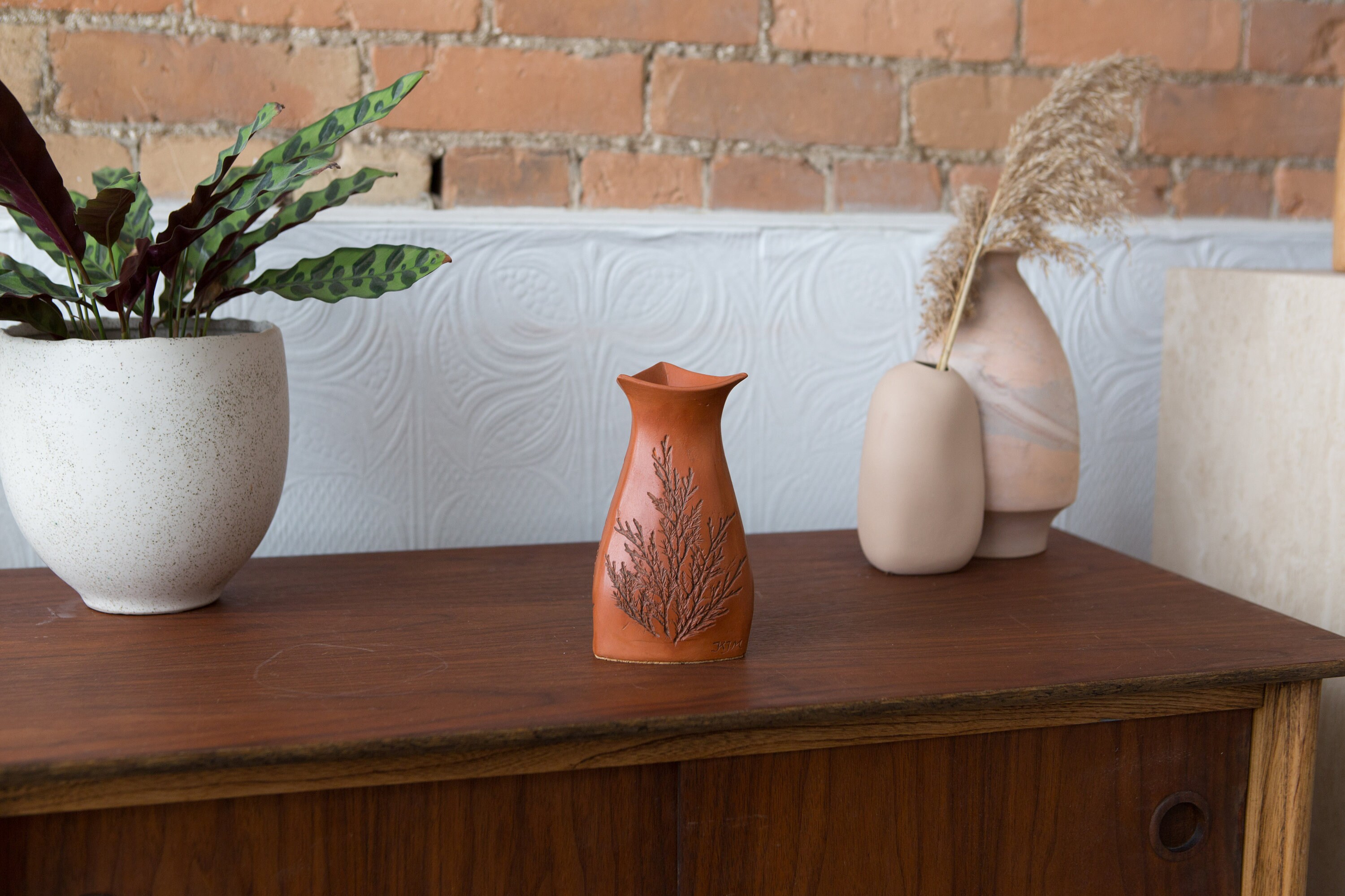 Vintage Terracotta Vase Sculpted Studio Pottery Art Vase for Flowers