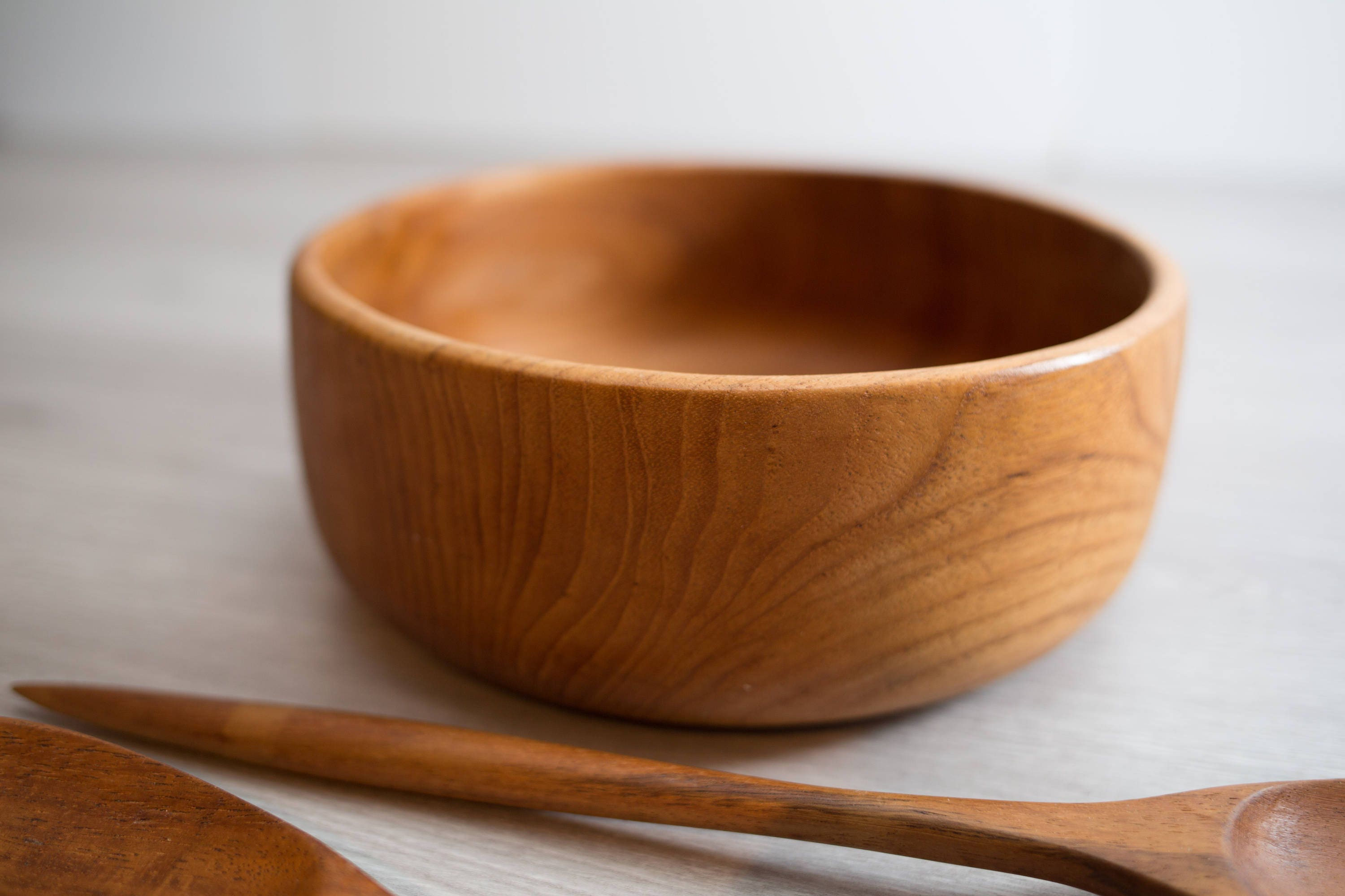Teak Salad Bowl and Tongs / Vintage Solid Exotic Wood Food Safe Serving