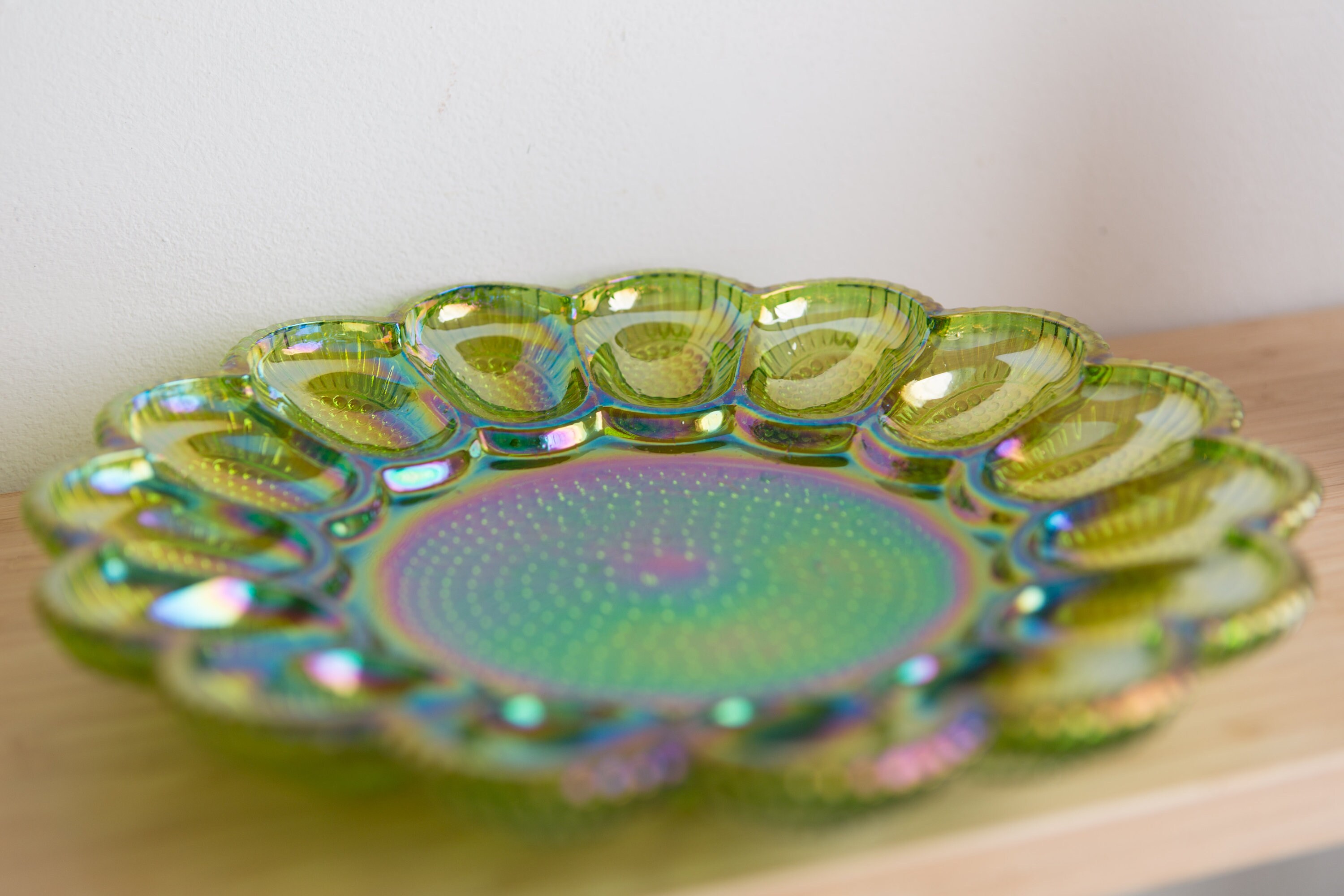 Vintage Deviled Egg Plate Indiana Glass Iridescent Green Hobnail