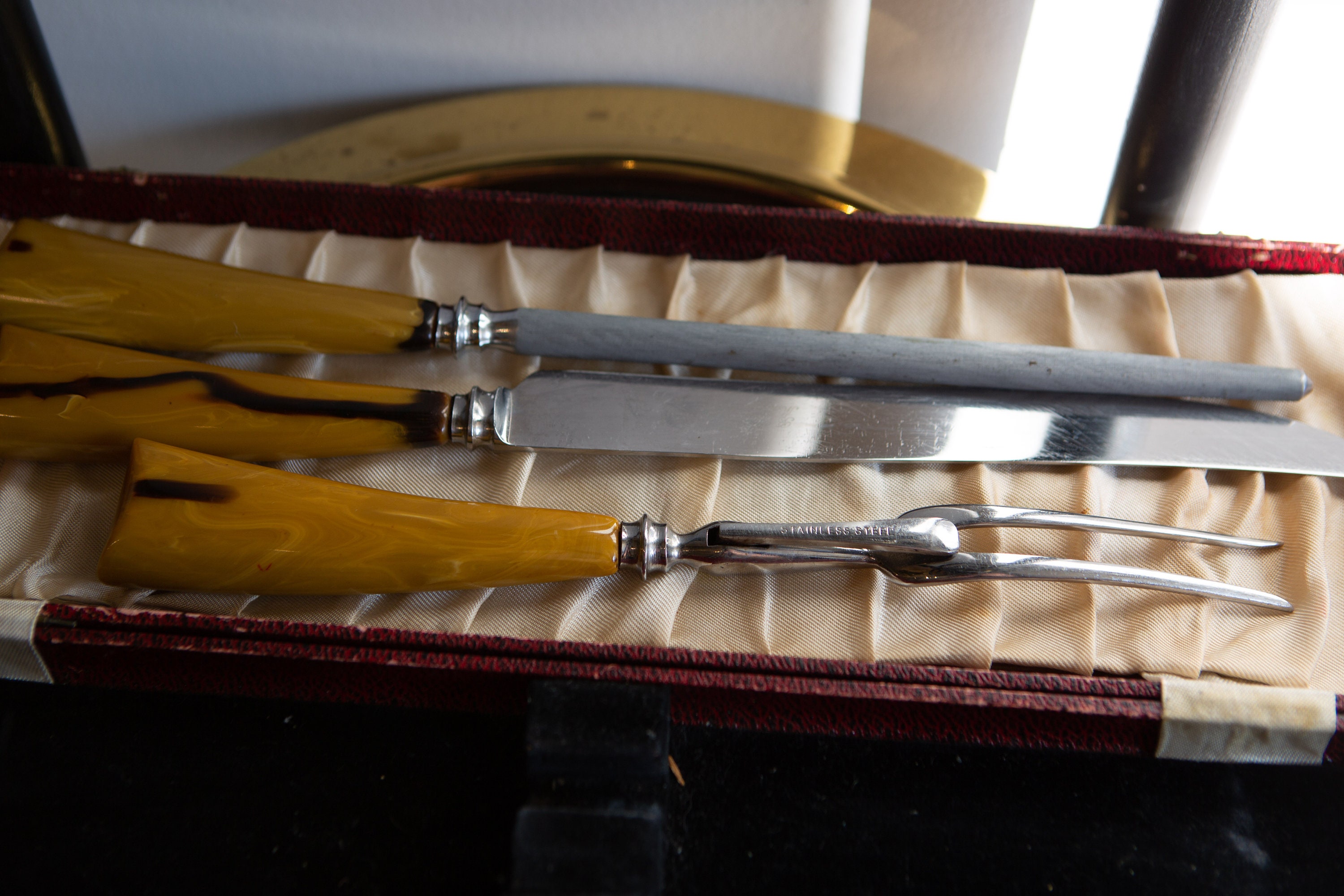 Bakelite Knife Set / 3Piece Vintage Sheffield Knife, Fork, Sharpener