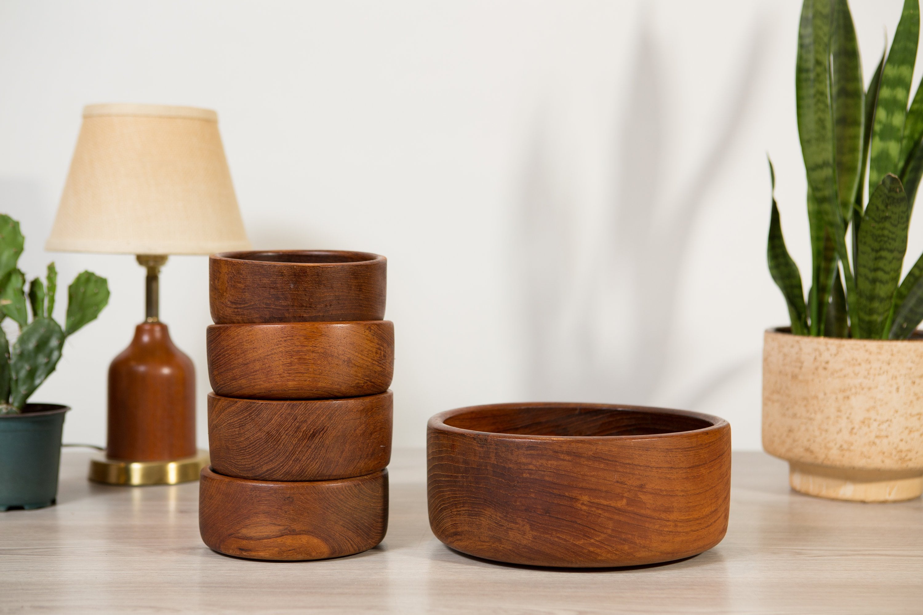 Teak Salad Bowl Set Vintage Solid Exotic Wood Food Safe Serving