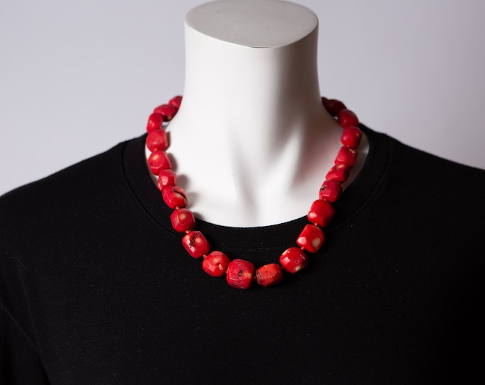 Red Bamboo Coral Beaded Necklace and Bracelet  - Boho Modern Tropical Necklace - Mother's Day Gift - Gift for Her