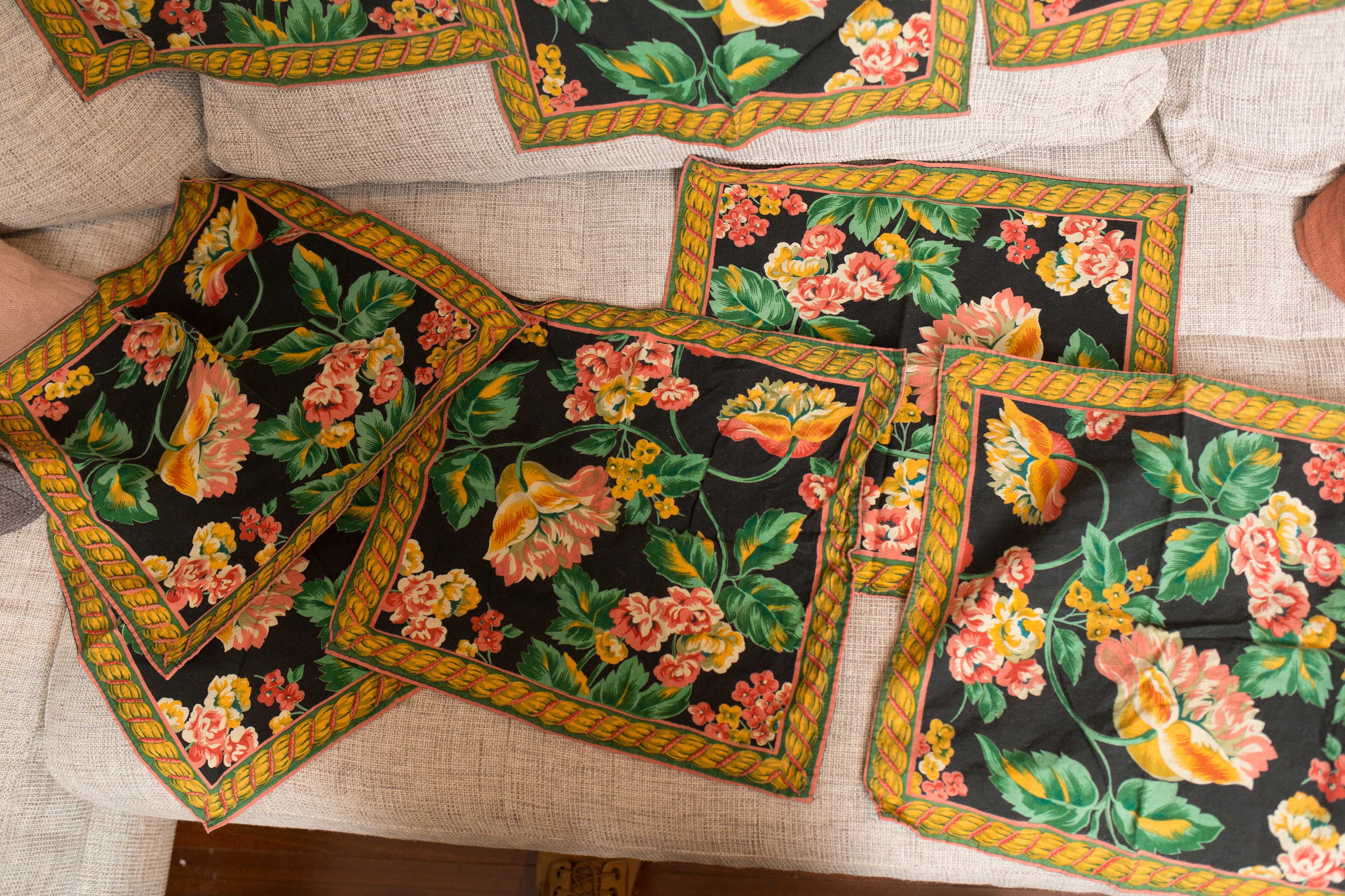 8 Vintage Fabric Napkins Vintage Black Floral Screen Printed Napkins