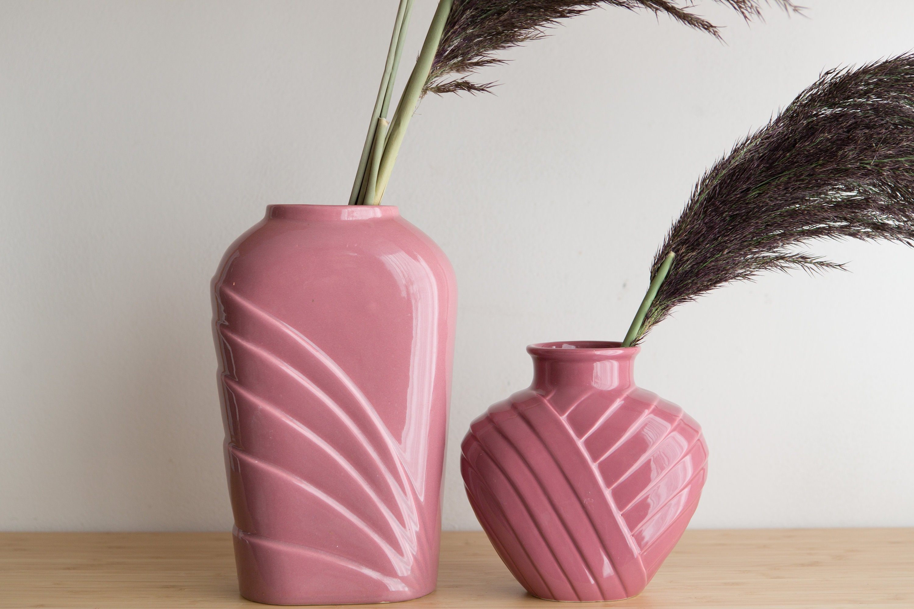 80's Magenta Vases Vintage Art Deco Pastel Pink / Purple Pleated