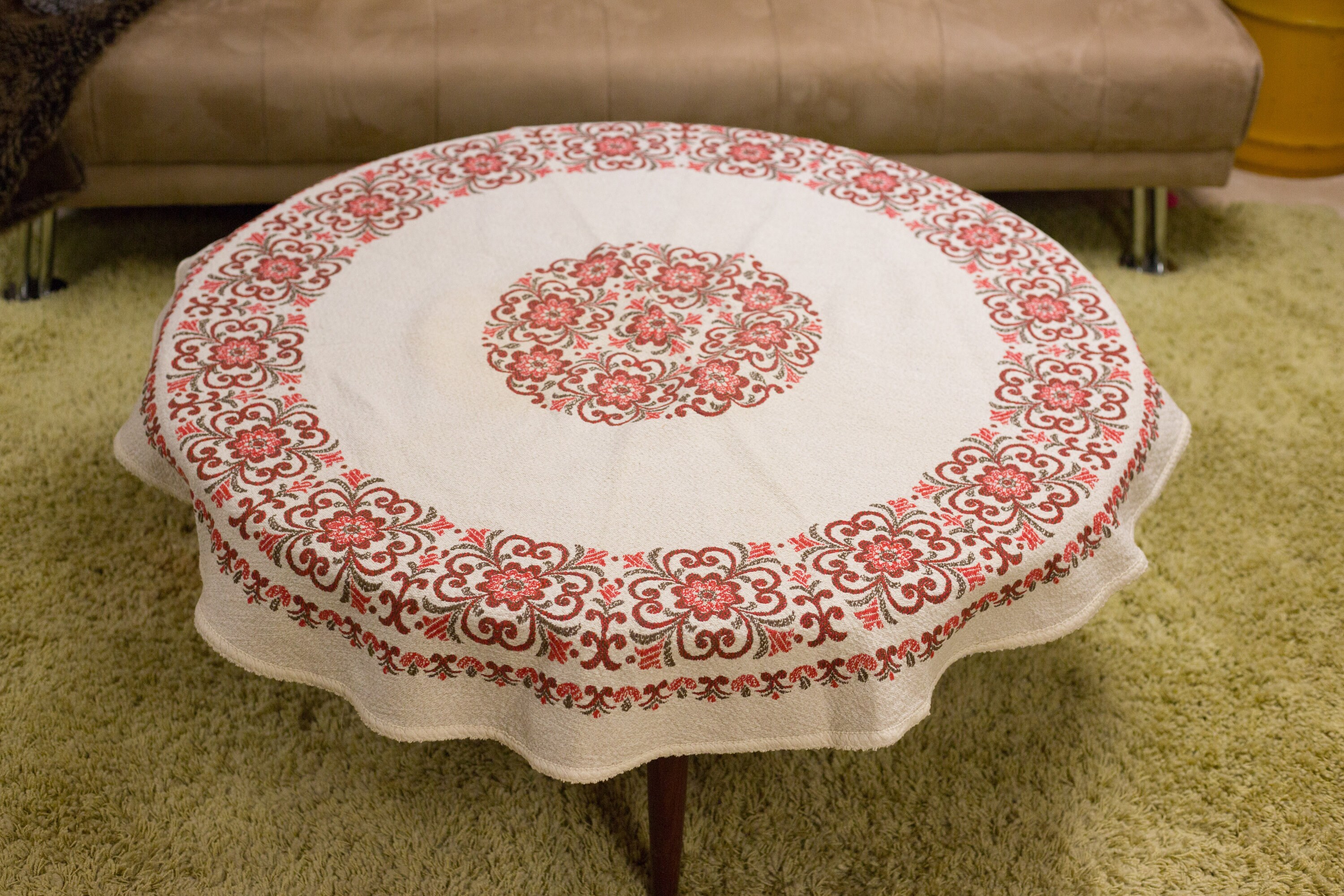 Vintage Round Tablecloth 1960 S Striped Cream And Red Ornate Mid Vintage Round Tablecloth 1960 S Striped Cream And Red Ornate Mid Century Modern Scandinavian Circular Geometric Style Linen Fabric Tapestry