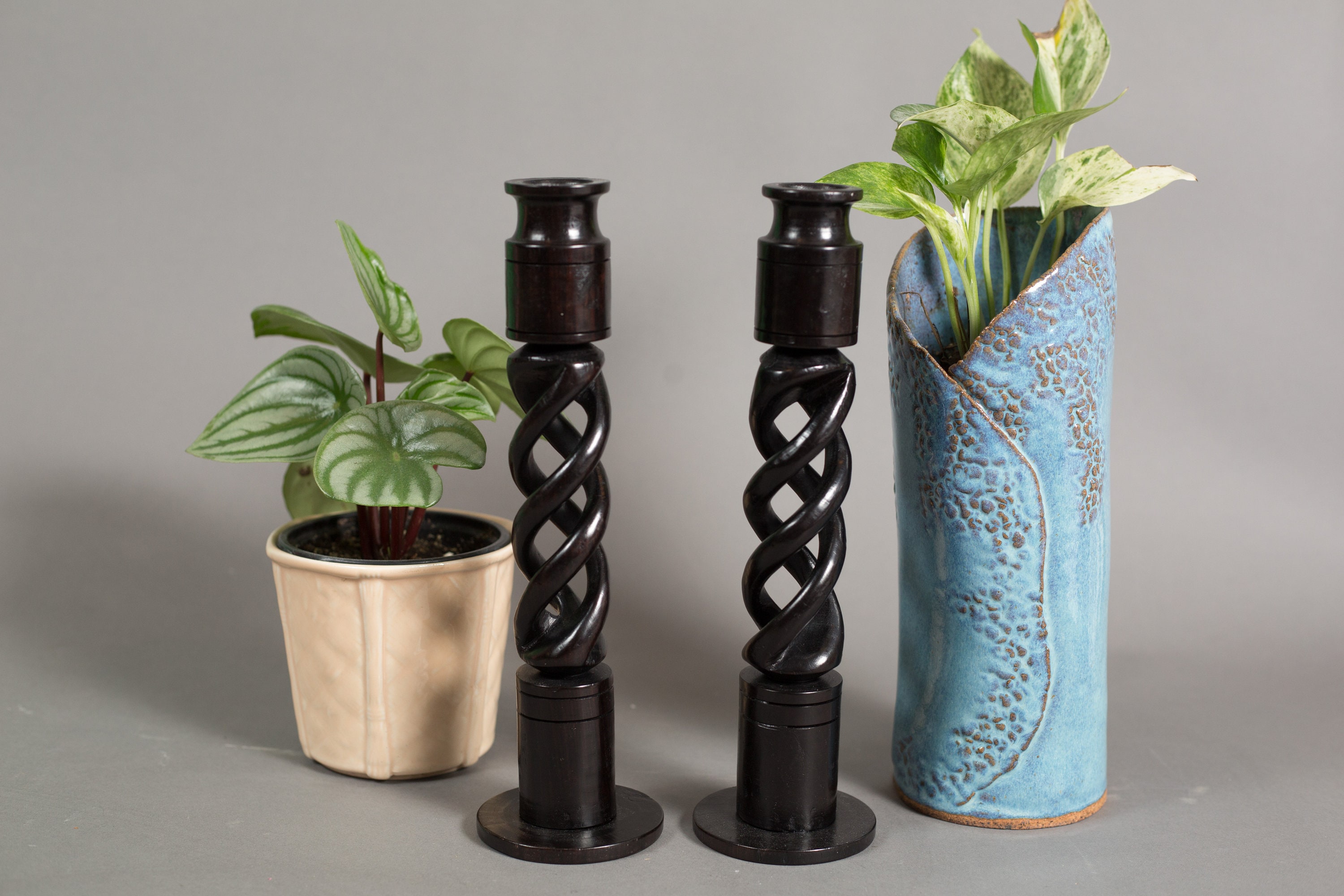 Ebony Candlestick Holders Vintage Dark Solid Wood Mahogany Barley
