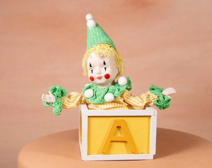 1980's Vintage Wind-up Clown in a Box - Kids Halloween Circus Clown with Yellow and Green Suit, Ceramic Hands and Head