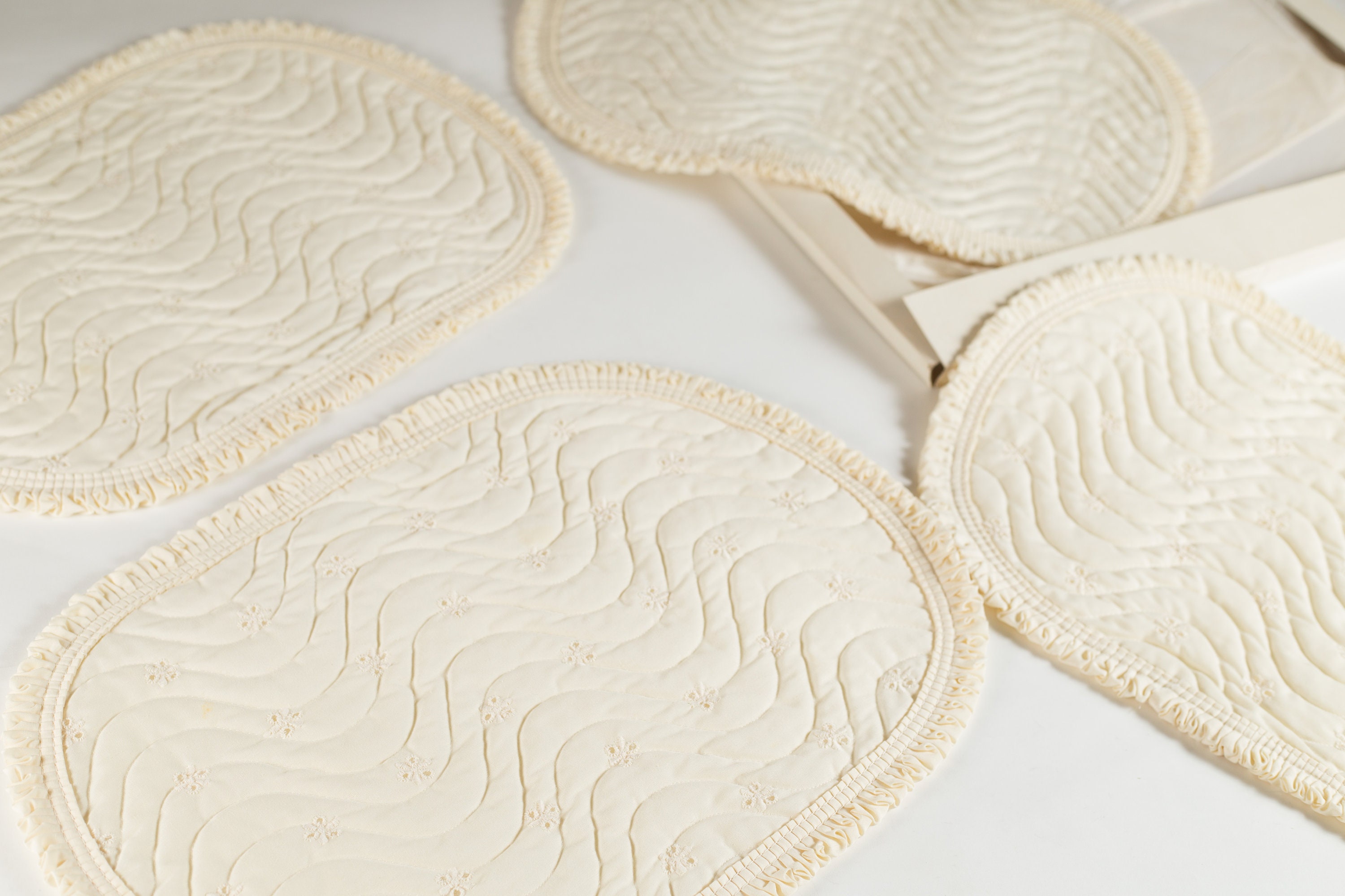 Vintage Ivory Placemats Sewn Set of 4 White Cut Fabric and Threaded