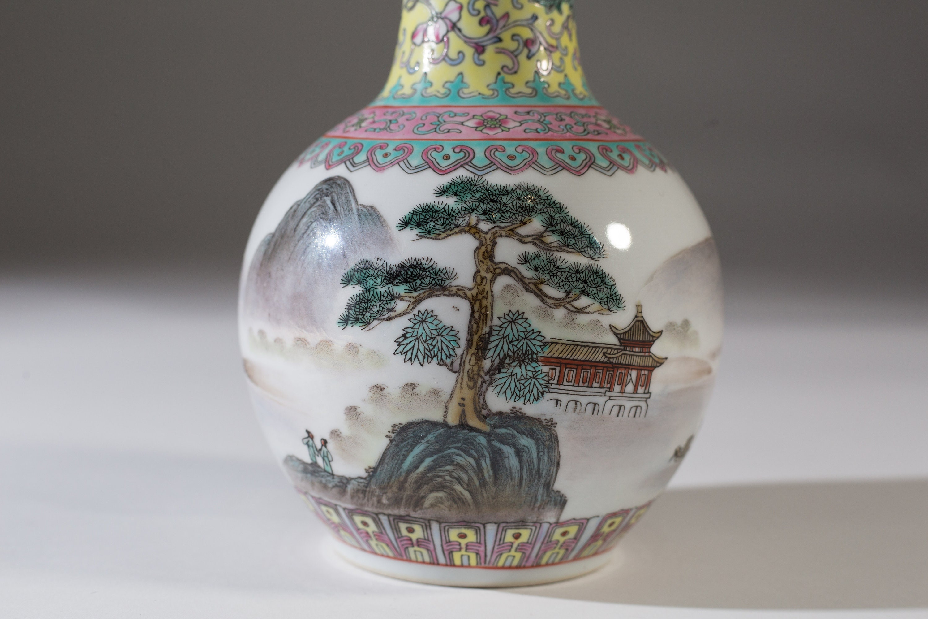 Vintage Asian Vase Fluted Bubble Vase with Trees, Flowers, Temple