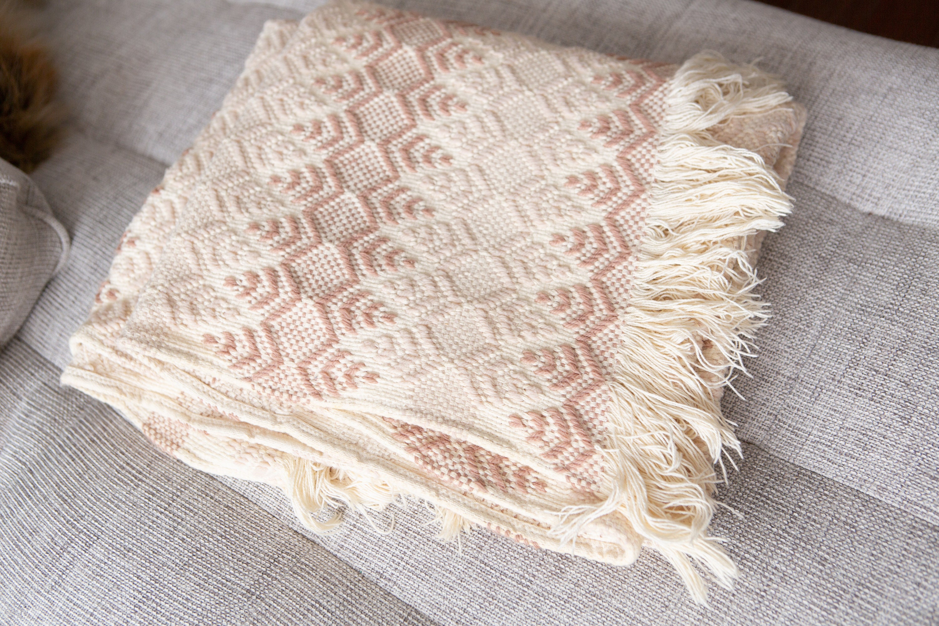 Vintage Knit Throw Beige Cotton Fringed Lounge Style Blanket Cozy