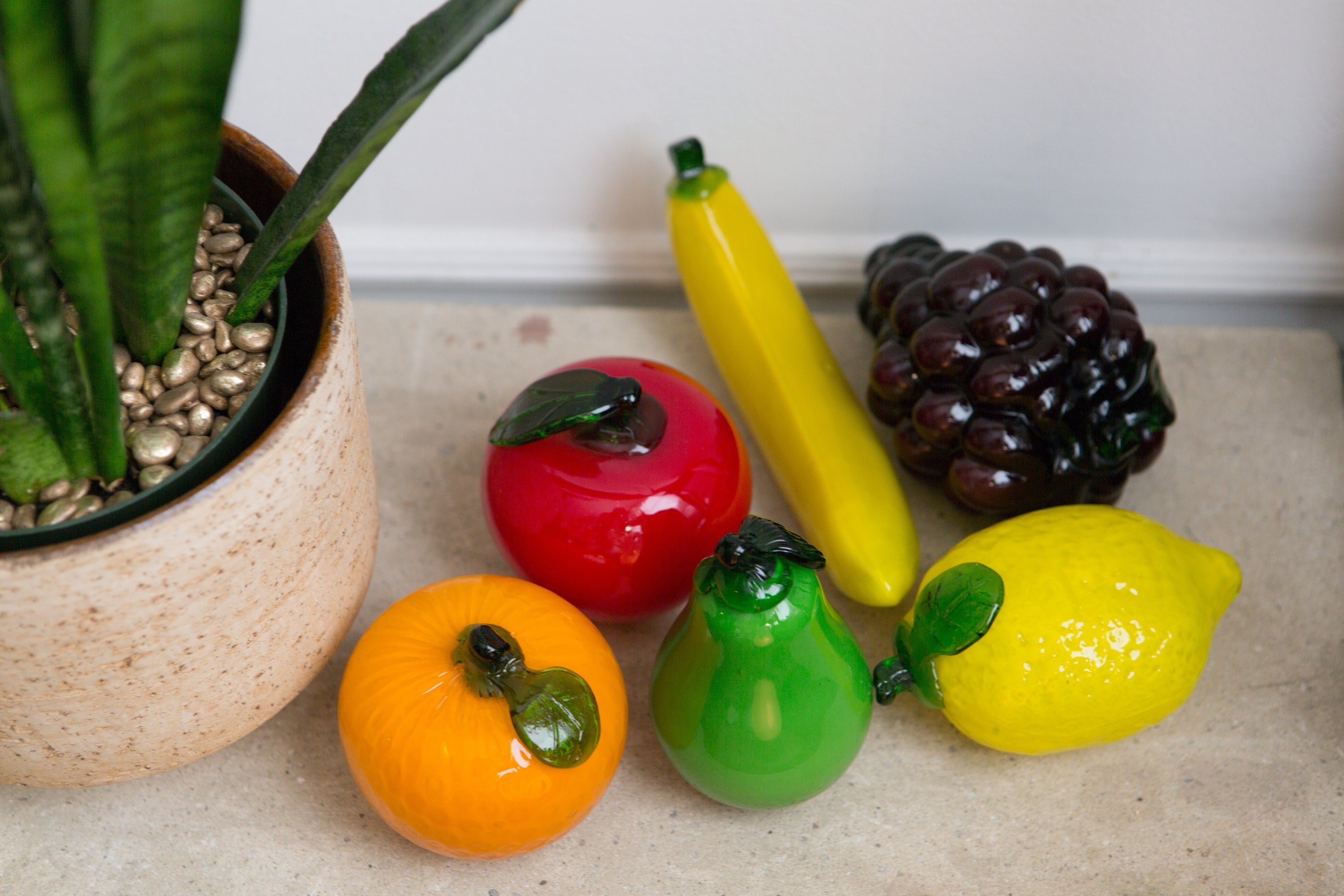 Vintage Glass Fruit Set of 6 Blown Glass Art Yellow Banana, Purple
