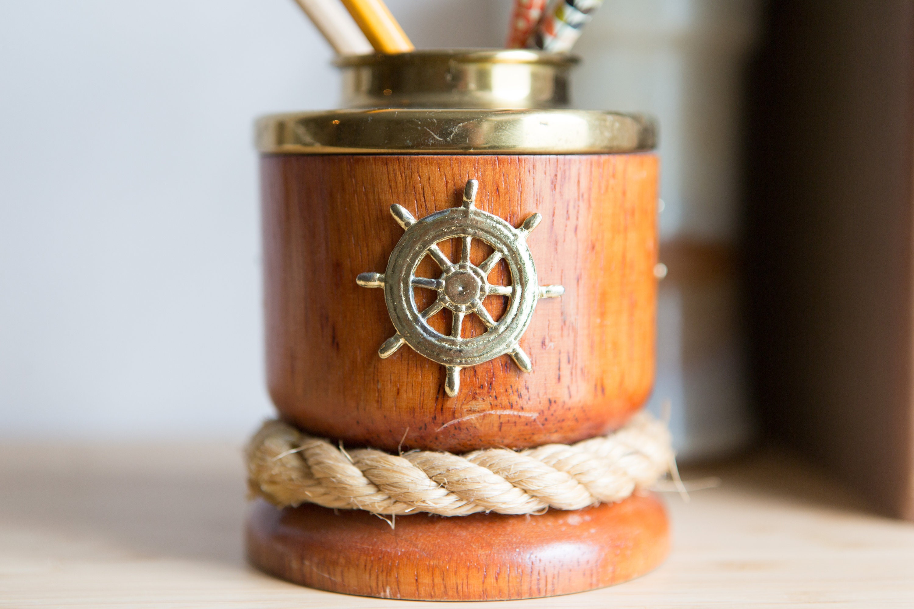Nautical Ship Mug and Pencil Holder Gold Decal Vintage Sailboat Theme Decor Ocean Sailing