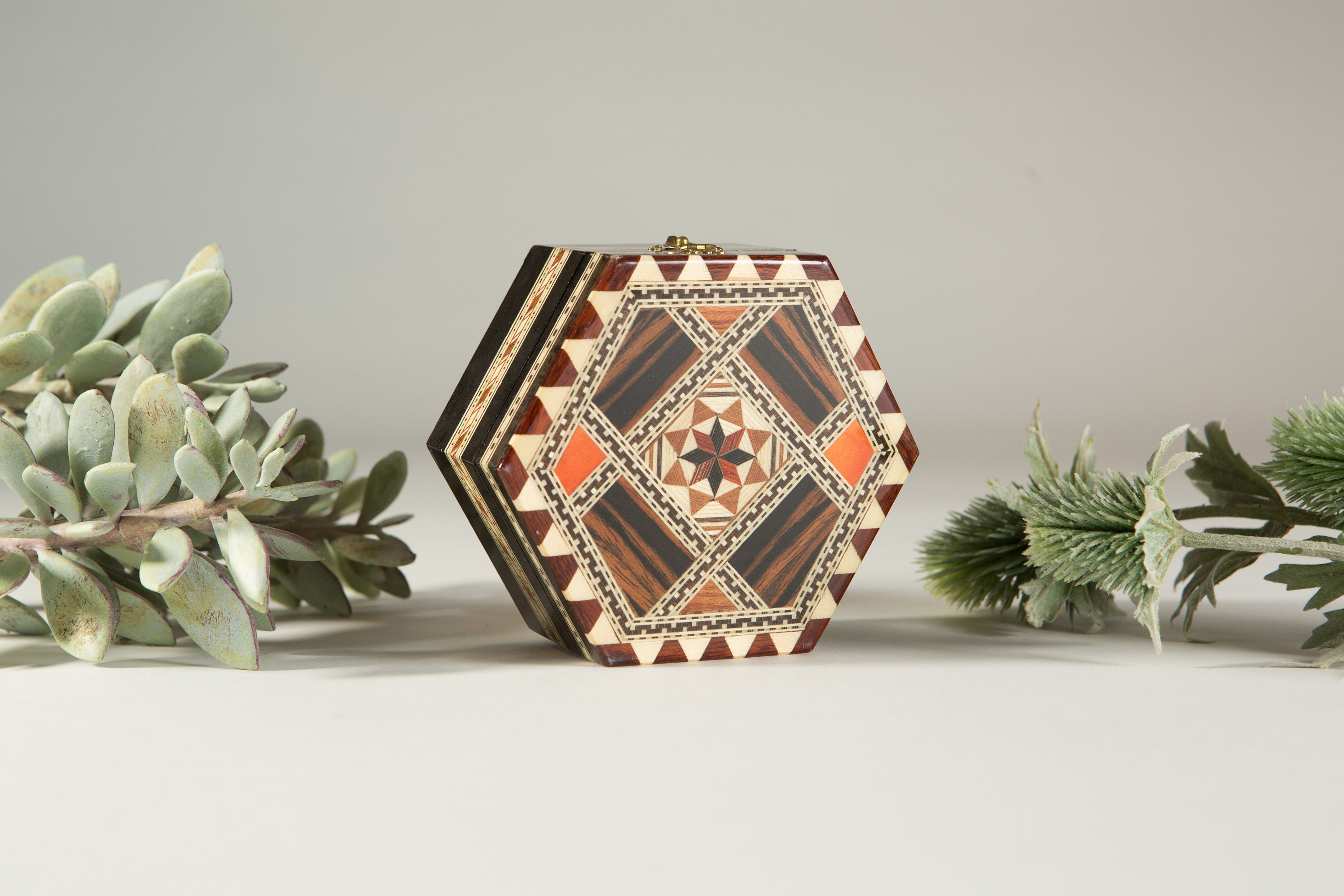 Vintage Spanish Hexagon Trinket Box with Wood Inlay Handmade