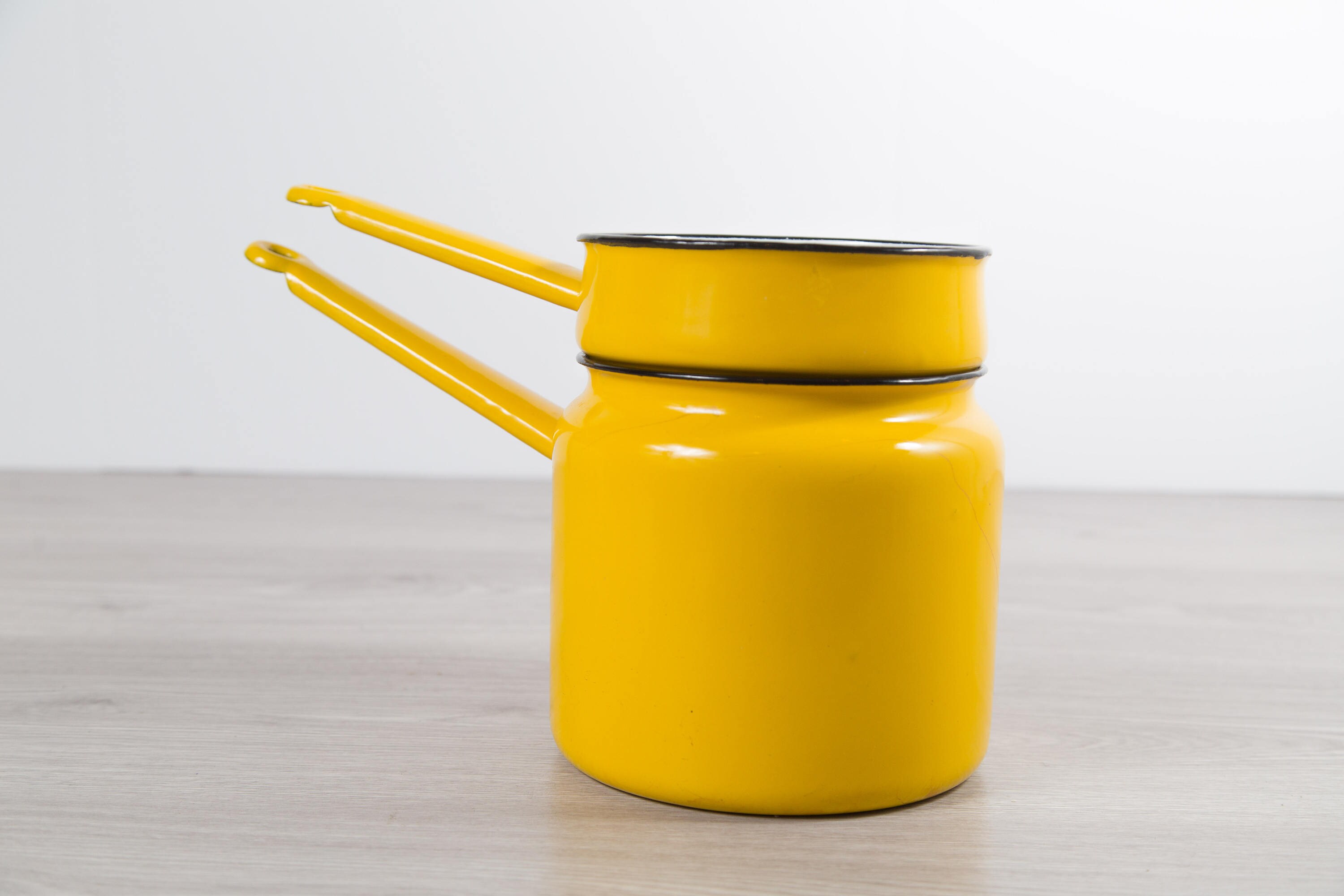 Yellow Enamel Pots / Pair of Vintage Bright Yellow Enamel Rustic