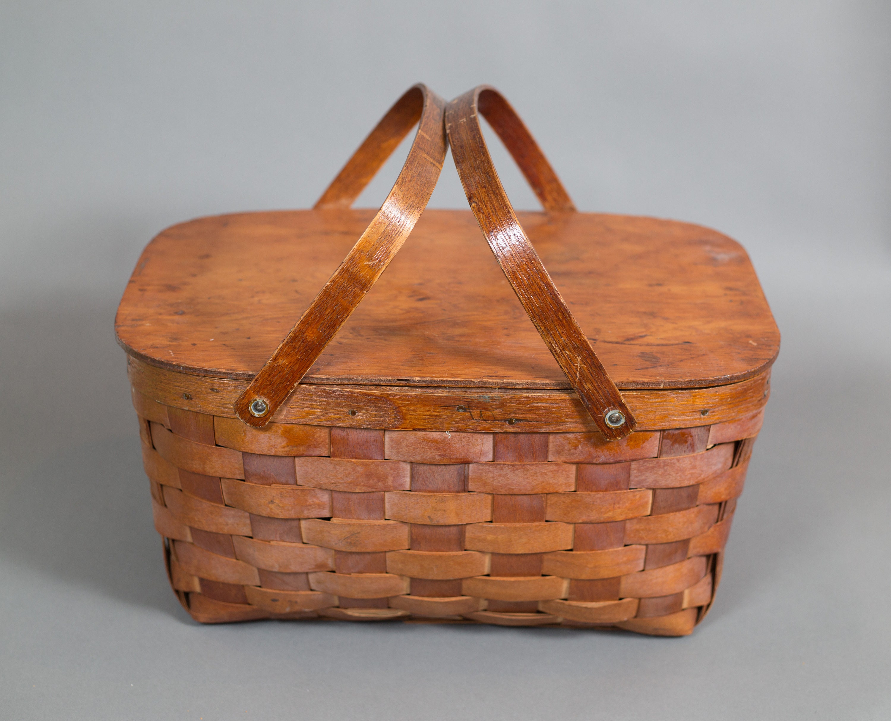 1950's Rattan Wicker Picnic Basket Vintage Woven Wood Basket with Handles