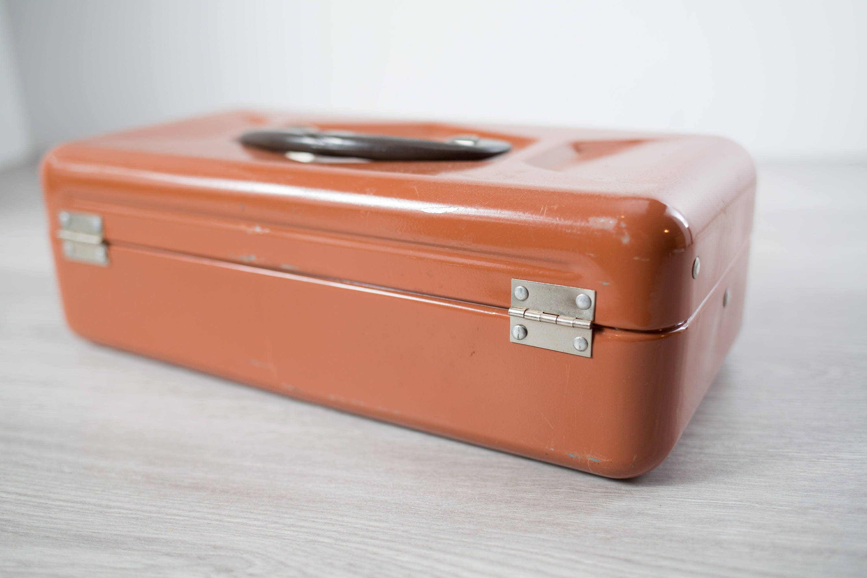 Vintage Tackle Box / Burnt Orange Fly Fishing Metal Storage Box