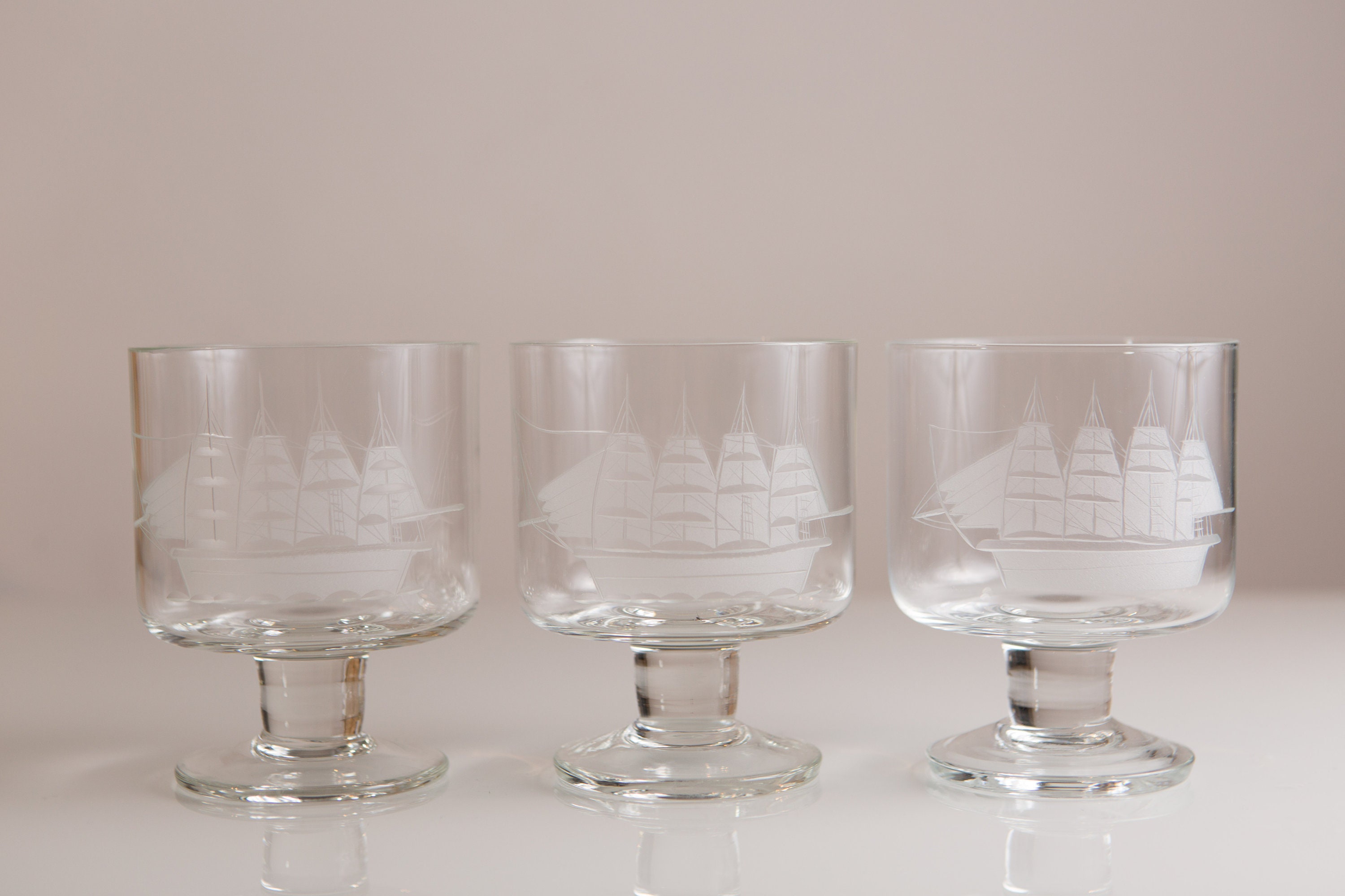 Nautical Ship Glasses 3 Vintage Etched Sailboat Footed Glasses Hand
