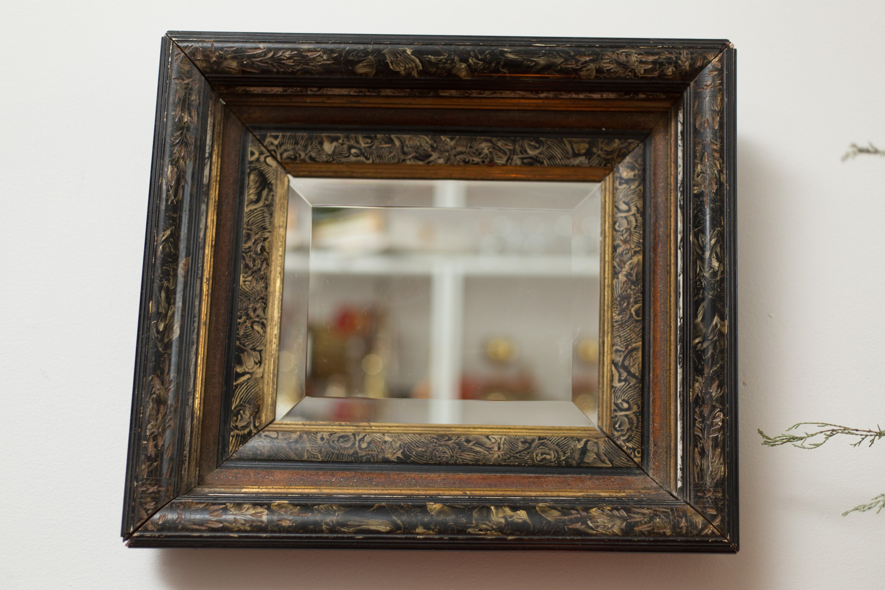 Vintage Black Mirror Hand Carved Victorian Style Hanging