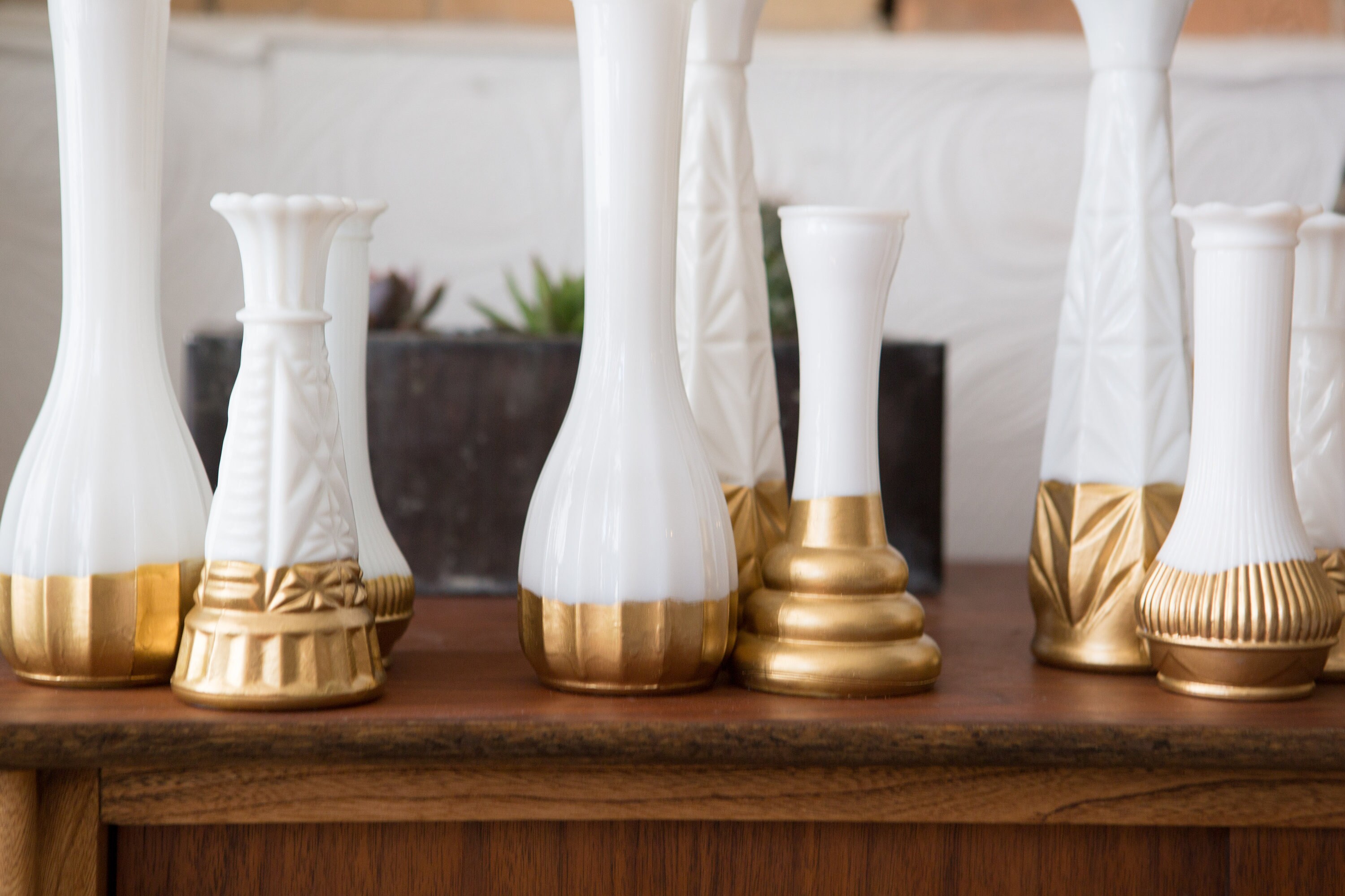 9 Gold Dipped Vases Vintage Geometric White Milk Glass Vases Mid century brass Coloured