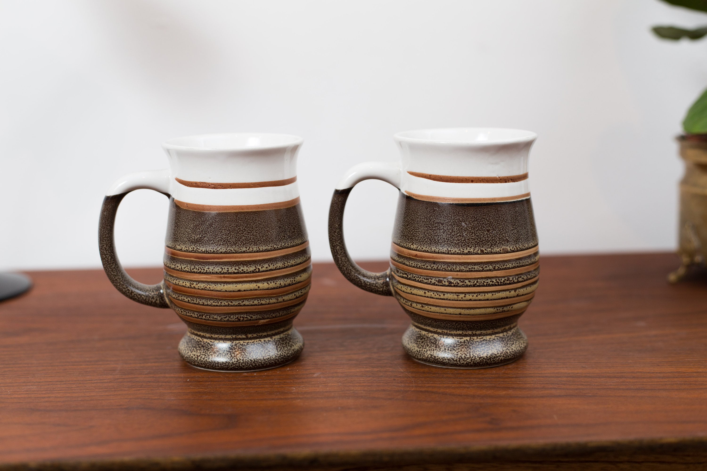Vintage Studio Mugs Pair of Striped Pottery Mugs Brown