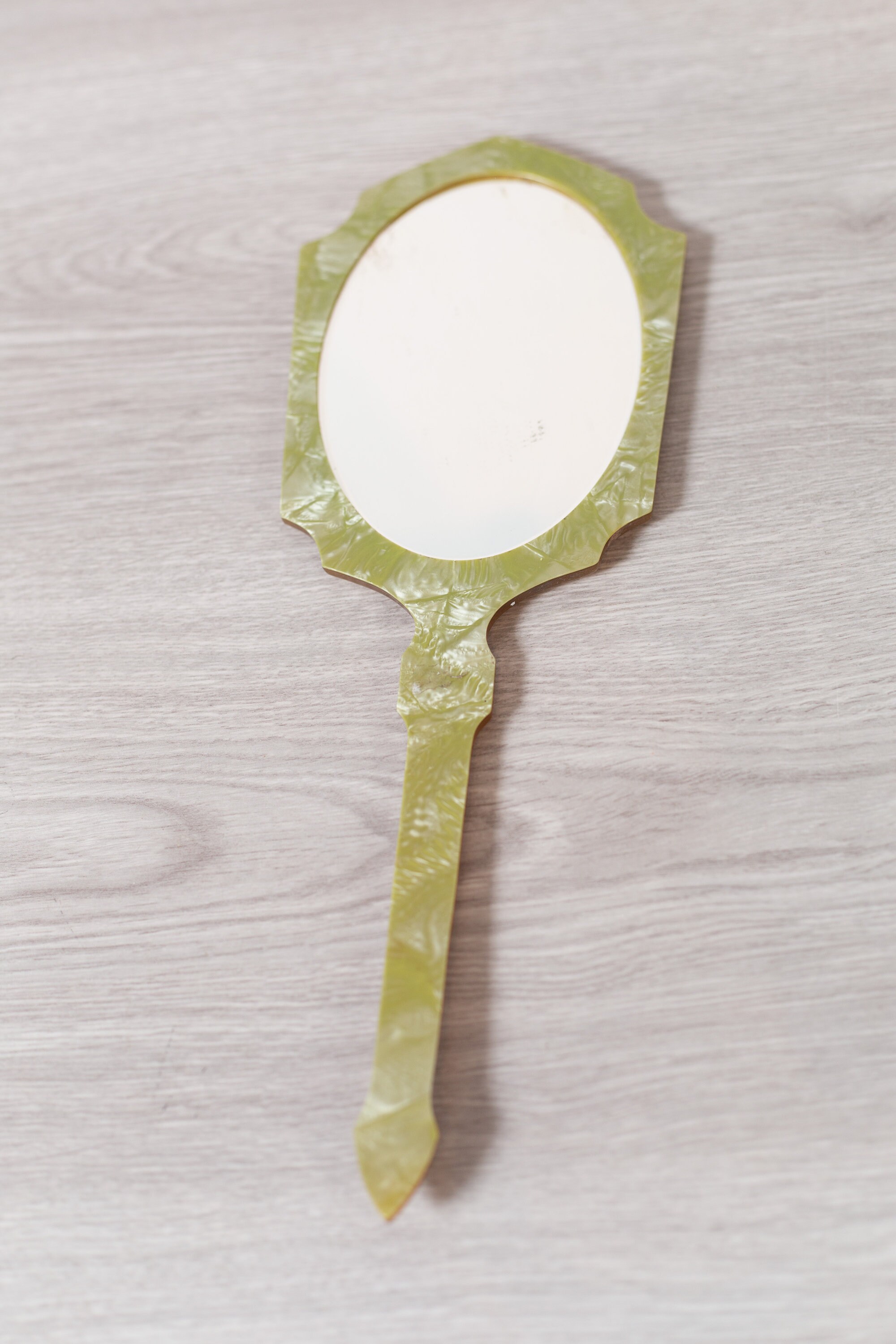 Vintage Vanity Hand Mirror Green Marbled Floral Plastic Victorian
