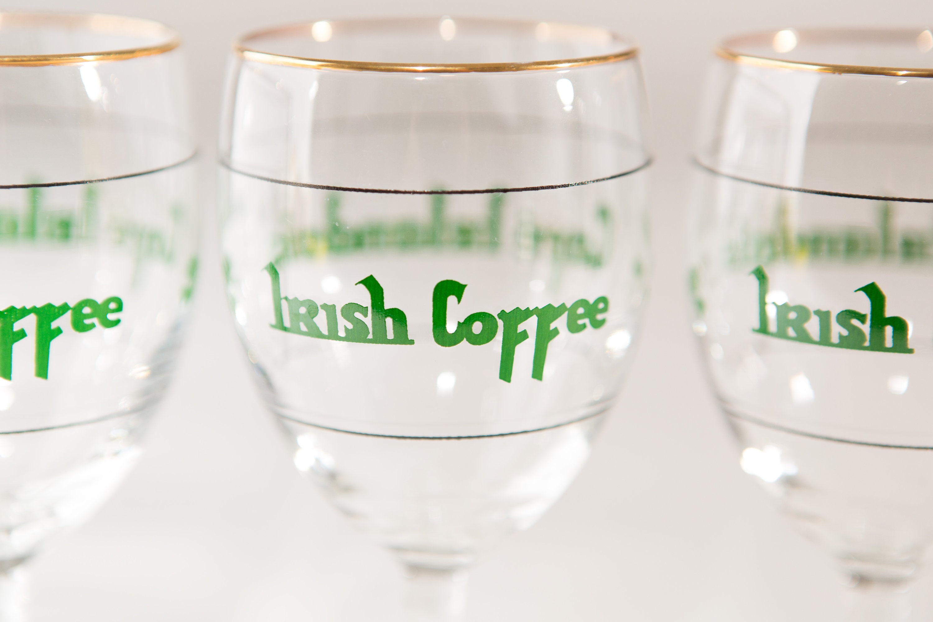 4 Irish Coffee Glasses Vintage Gold Rim Lucky Charm Specialty Coffee