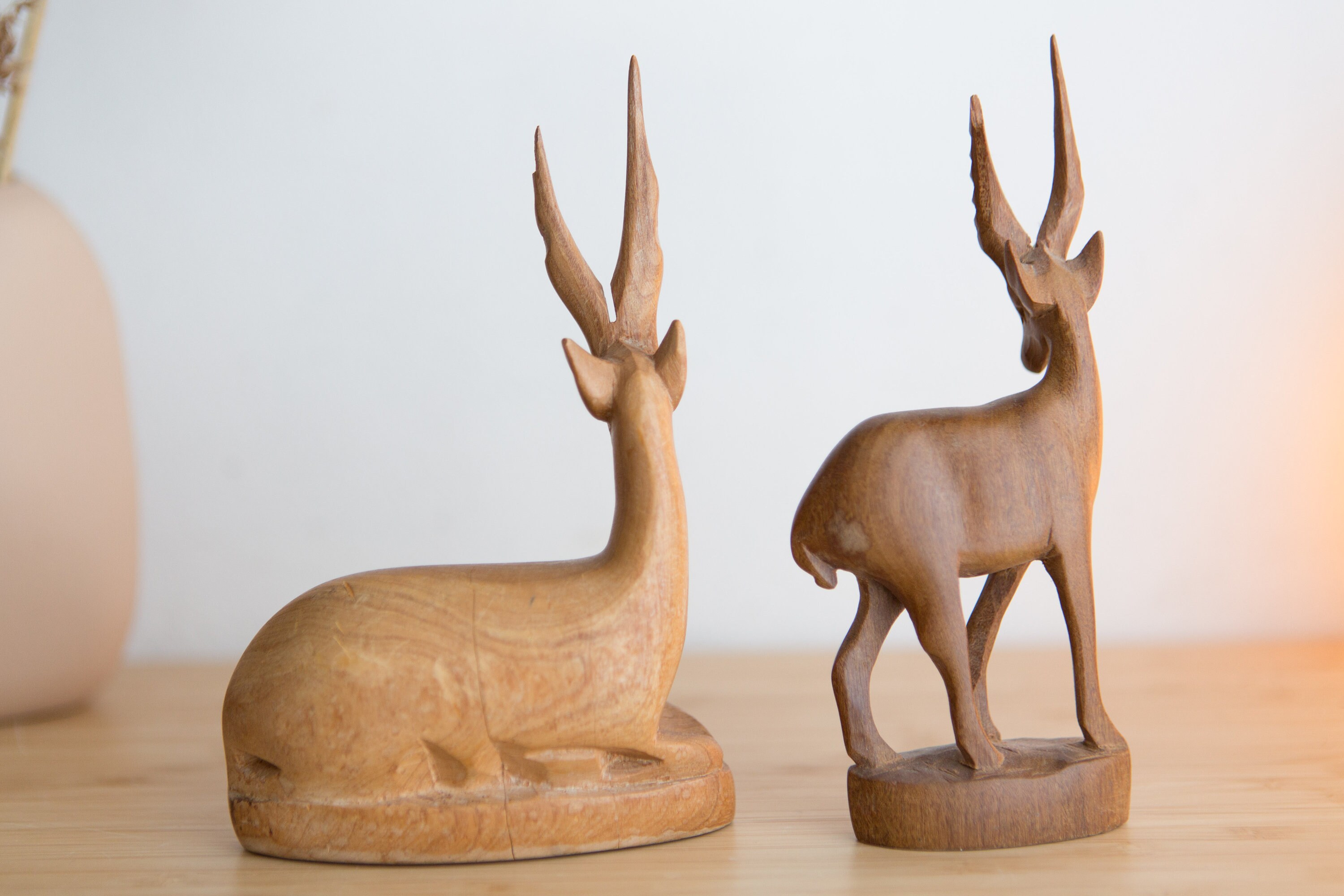 Vintage Deer Statues Mid Century Modern Gazelle Artwork Hand Carved