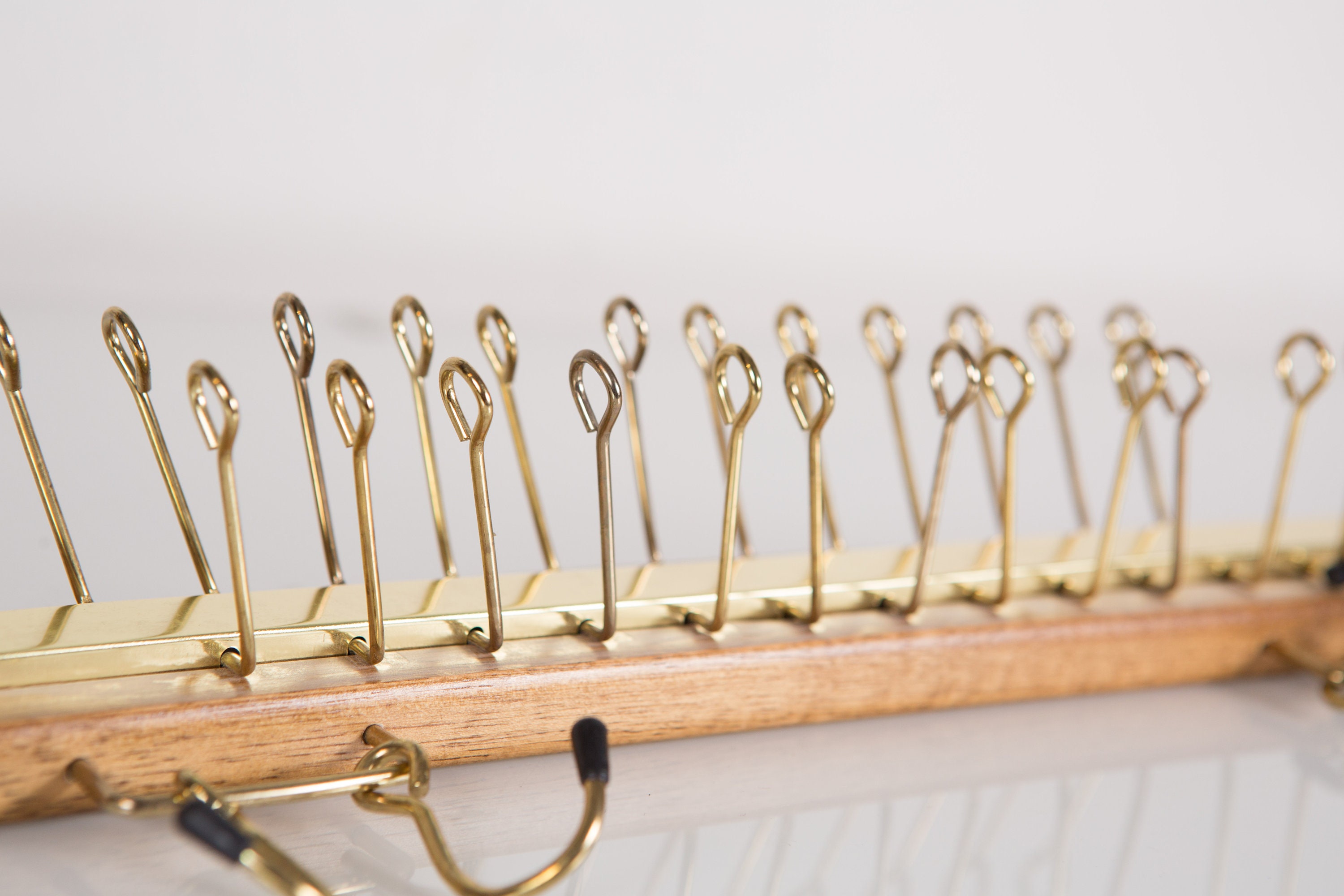 Vintage Tie Rack Necktie Display with Hooks Mens Retro Belt Hanger Wood and Brass Tie